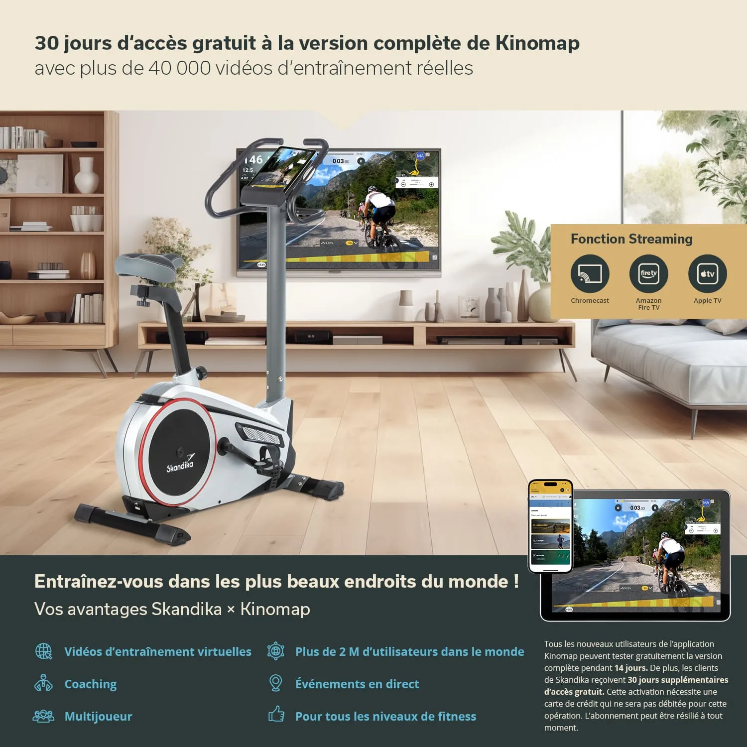 Ein Ergometer steht im Wohnzimmer, davor ein Fernseher mit Trainingsvideo. Neben dem Ergometer ein Tablet mit App-Details.