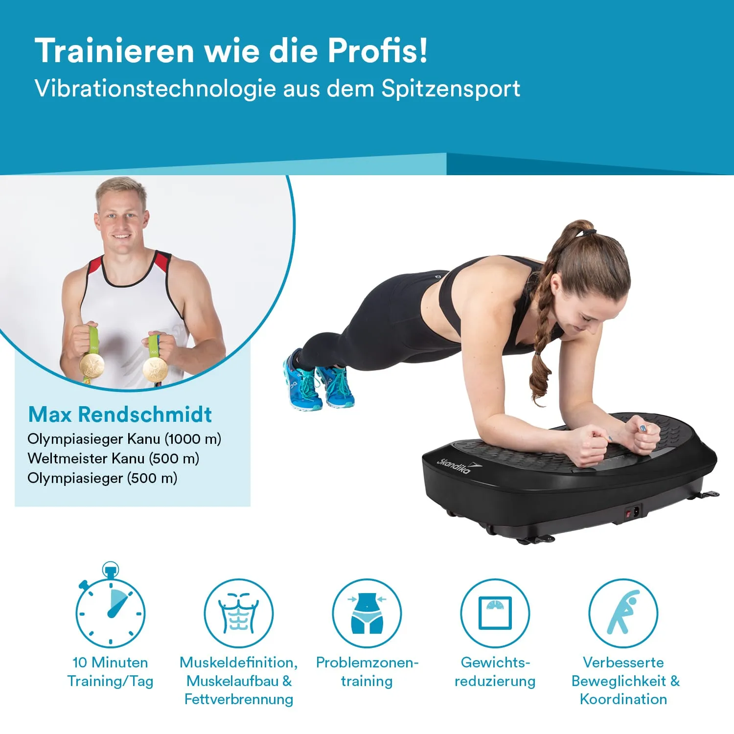 Zwei Personen in Sportkleidung. Eine Person macht Plank auf einem Vibrationsgerät, die andere hält Kurzhanteln. Text und Symbole informieren über Trainingseffekte.