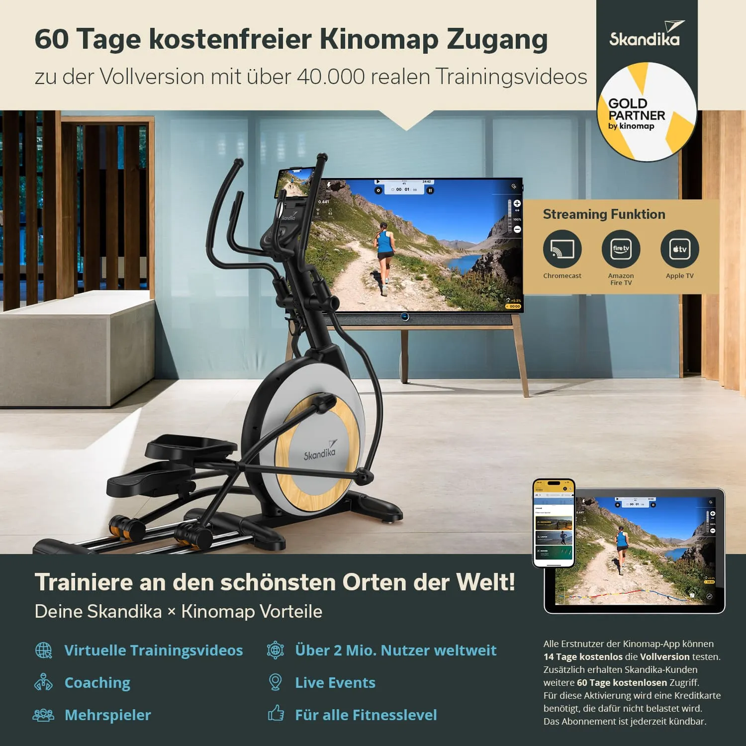 Ein Ellipsentrainer steht im Vordergrund, daneben ein Fernseher mit einer Landschaftsaufnahme. Text bietet Informationen zu einem 60-tägigen kostenlosen Zugang zu Kinomap und Vorteilen.