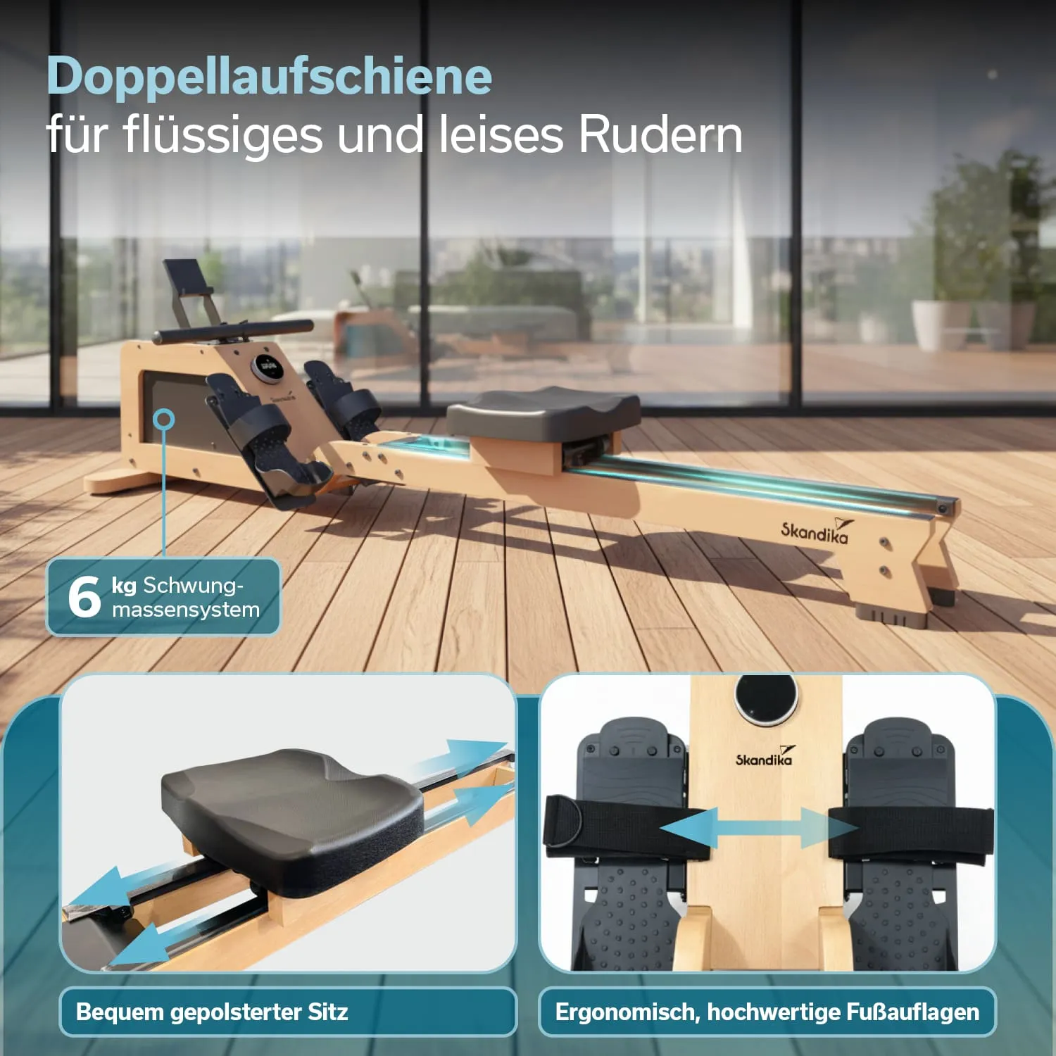 Rudergerät aus Holz mit doppelter Aufschiene, gepolstertem Sitz und hochwertigen Fußauflagen, in hell erleuchtetem Raum.