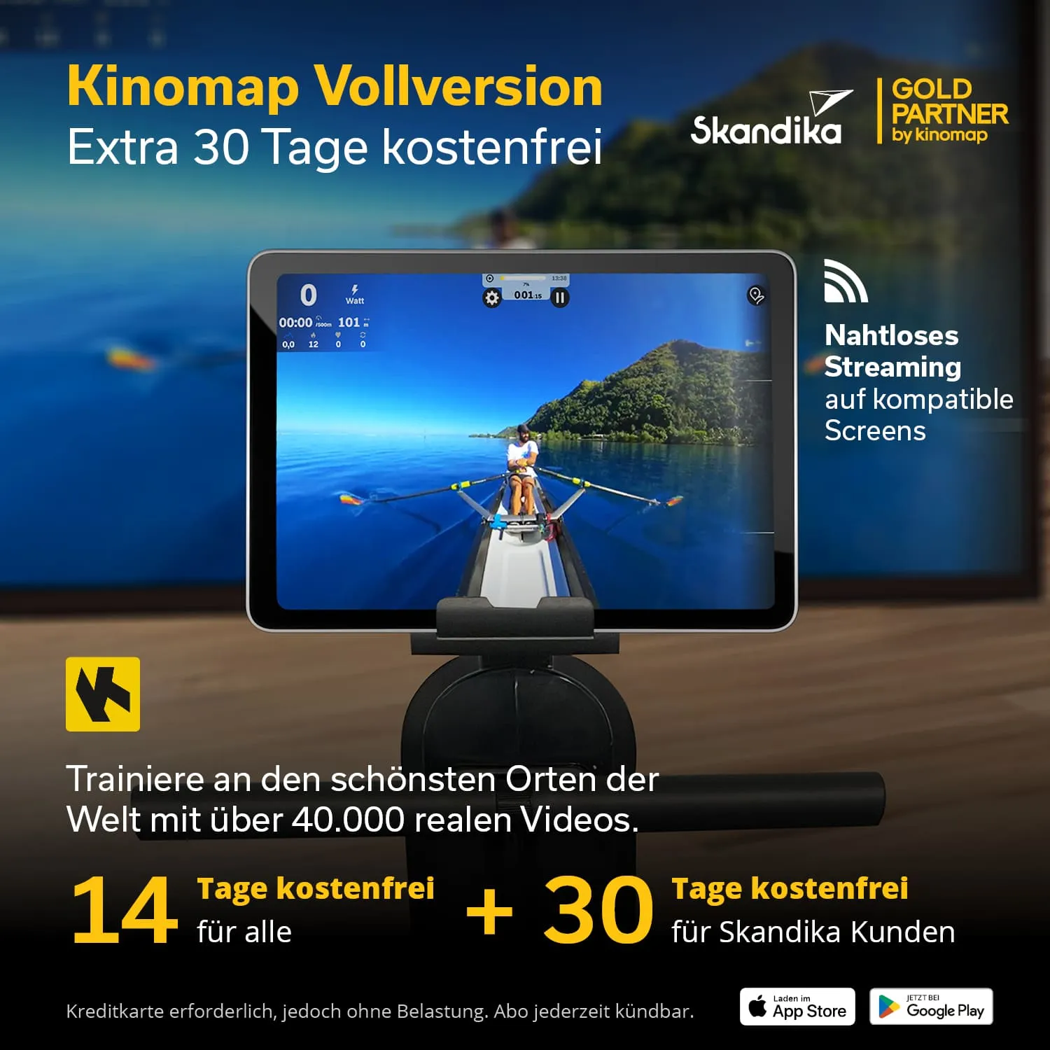 Tablet mit Ruder-Simulation, Werbung für Kinomap Vollversion, mit Infos zu kostenfreien Testzeiträumen und Streaming.