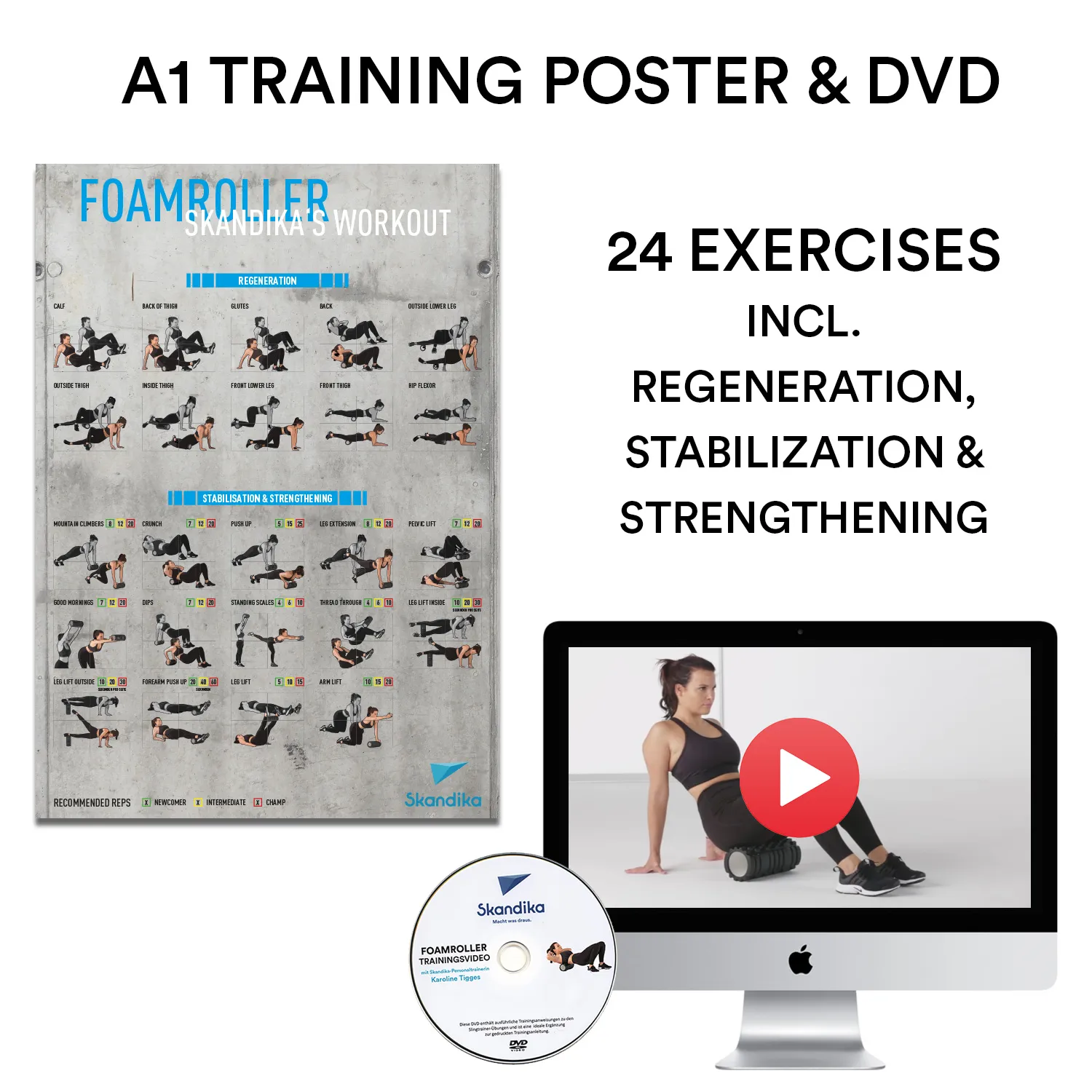 Training Poster mit 24 Übungen zur Regeneration, Stabilisation und Kräftigung, DVD und Computerbildschirm mit Video.