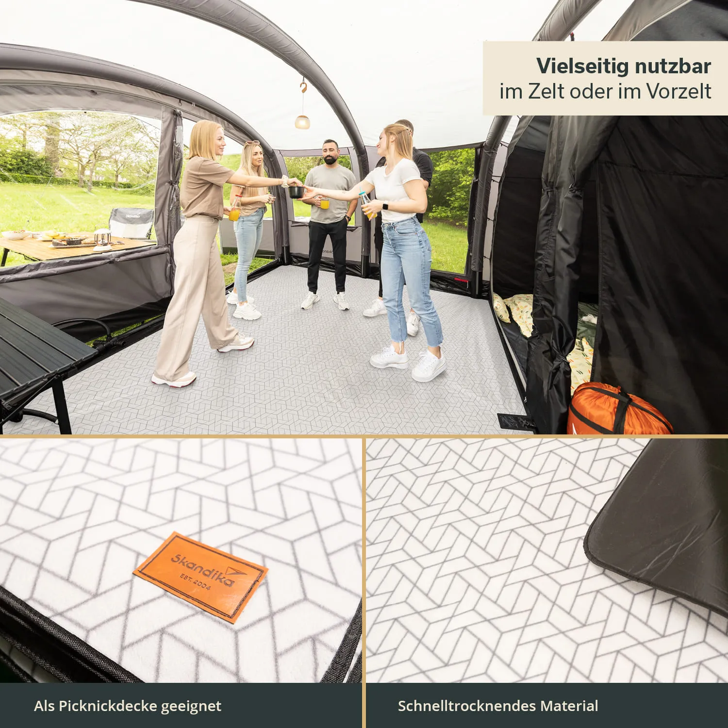 Sechs Personen stehen in einem Zelt und interagieren. Der Boden ist grau mit einem geometrischen Muster. Auf der linken Seite sind ein Tisch und eine Bank sichtbar. Unten sind zwei Detailansichten von einer Picknickdecke und dem Material.