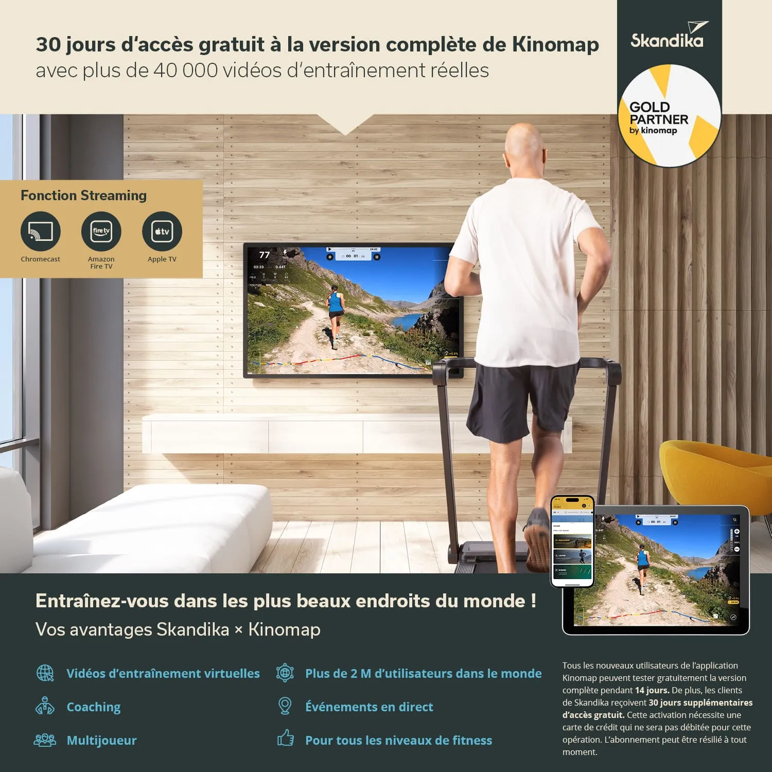 Person auf einem Laufband vor einem Fernseher, der eine Trainingsvideodarstellung zeigt. Links sind Funktionen und Vorteile aufgelistet.