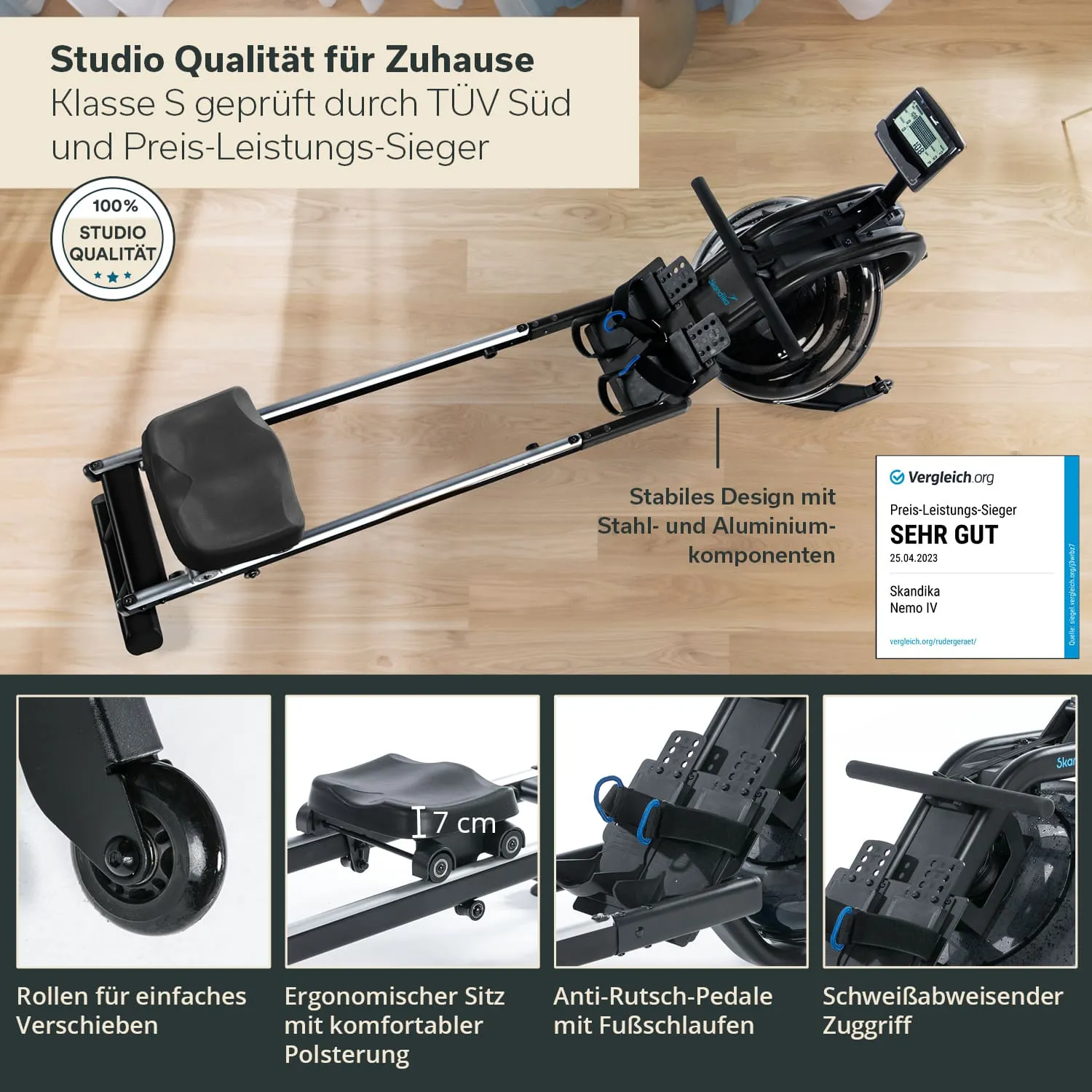 Rudergerät mit ergonomischem Sitz, Rutschen-Pedalen und Anzeige. Holzfußboden im Hintergrund. TÜV- und Preis-Leistungs-Auszeichnung.