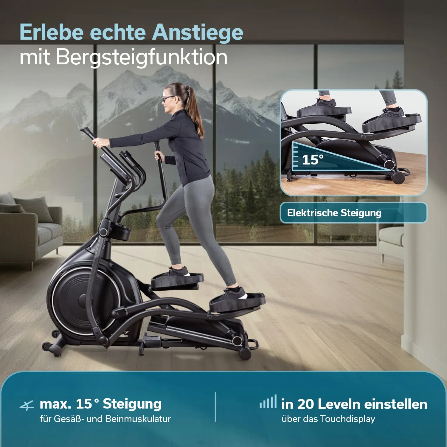 Person trainiert auf einem Ellipsentrainer in einem modernen Raum mit großen Fenstern und Berglandschaft im Hintergrund.
