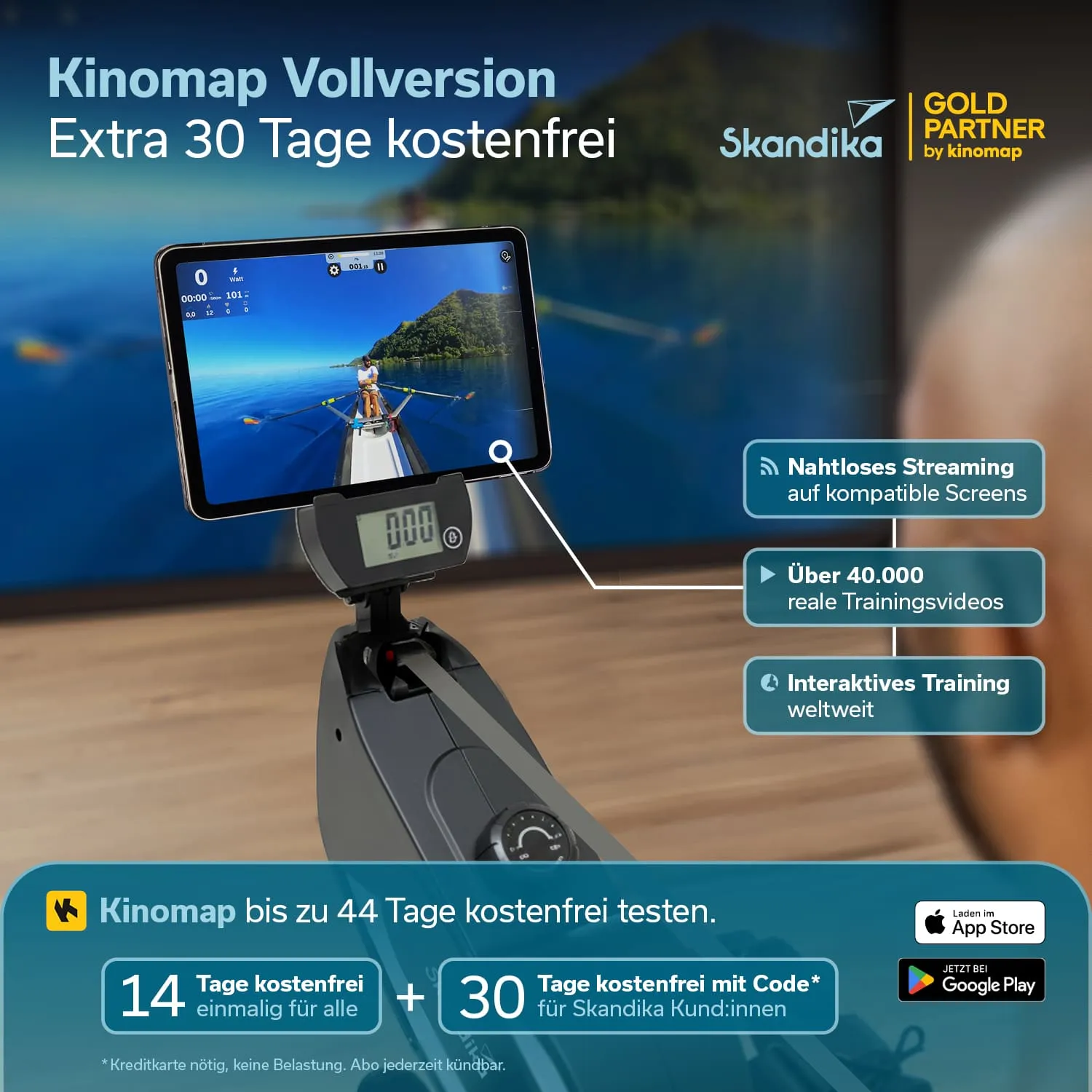 Ein Display zeigt eine Rudertraining-Simulation. Ein Gerät mit Display und Bedienknöpfen ist im Vordergrund. Textinformationen zu Kinomap und Testangebot sind eingeblendet.