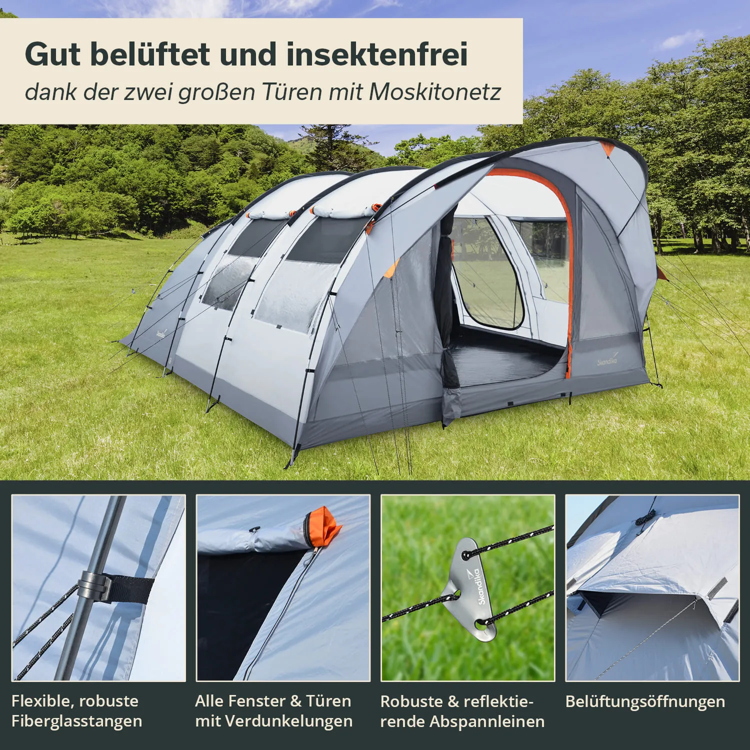 Zelt in der Natur mit zwei großen Türen und Moskitonetzen, umgeben von Gras und Bäumen, mit verschiedenen Details zu Ausstattung.
