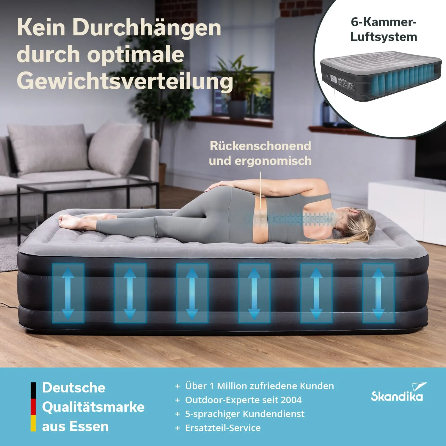 Luftmatratze mit ergonomischer 6-Kammer-Gewichtsverteilung. Eine Person liegt darauf, umgeben von einem modernen Raum.