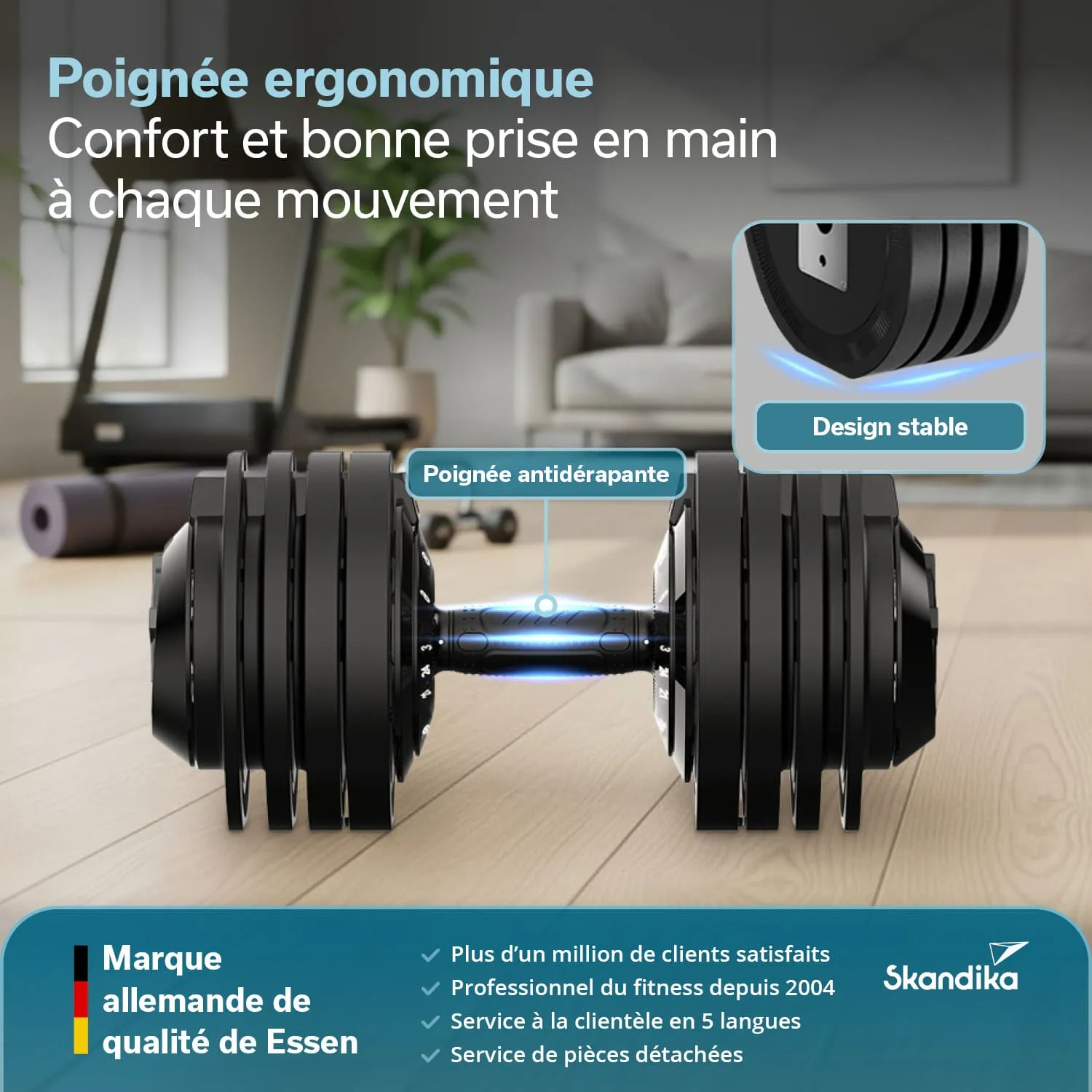 Hantel mit ergonomischem Design und rutschfester Griff, auf einem Holzfußboden mit Fitnessgeräten im Hintergrund.