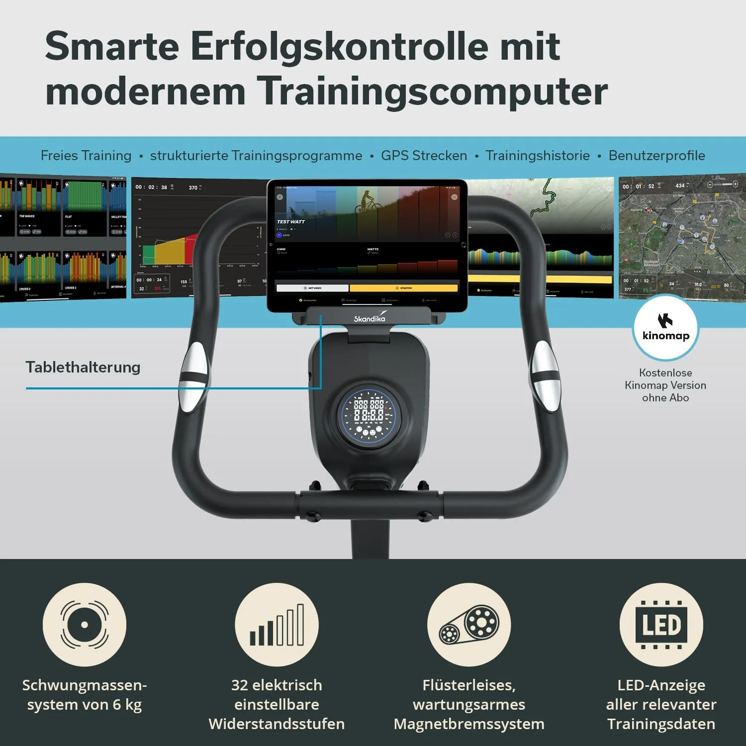 Trainingscomputer mit Tablet-Halterung, Anzeige für Trainingsdaten, Widerstandseinstellungen und Grafiken. Schwebungsmasse und magnetisches Bremssystem hervorgehoben.