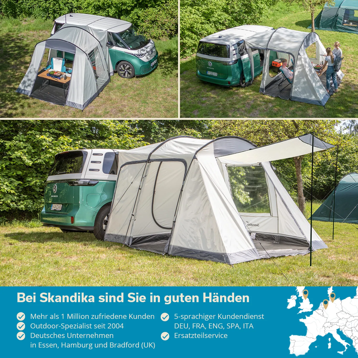 Zelt in heller Farbe neben einem grünen Fahrzeug auf einer Wiese, umgeben von Bäumen. Im Hintergrund ein weiteres Zelt.