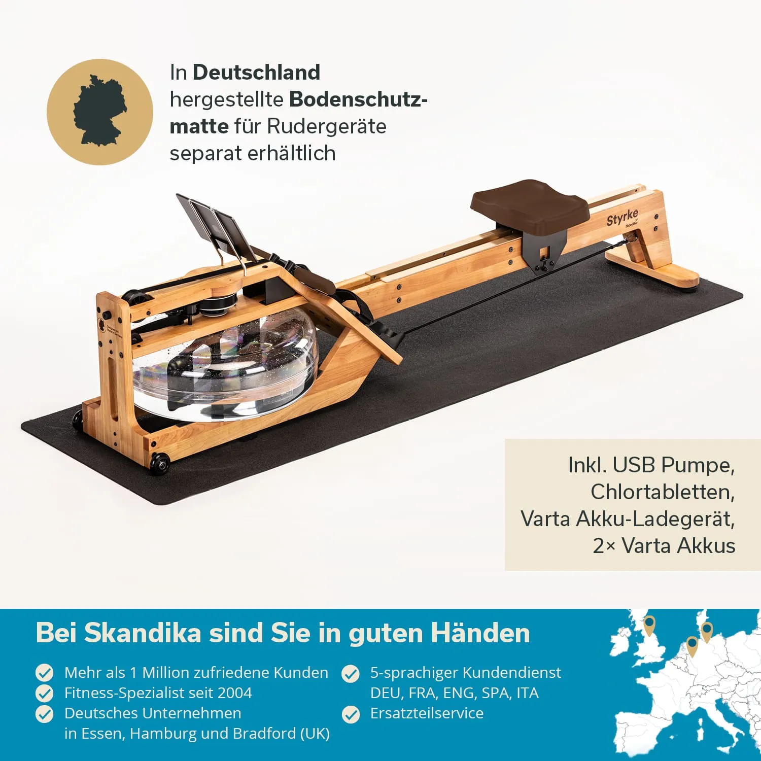 Rudergerät aus Holz mit transparenter Wassertank, geschützt durch eine schwarze Bodenschutzmatte. Textinformationen im Hintergrund.