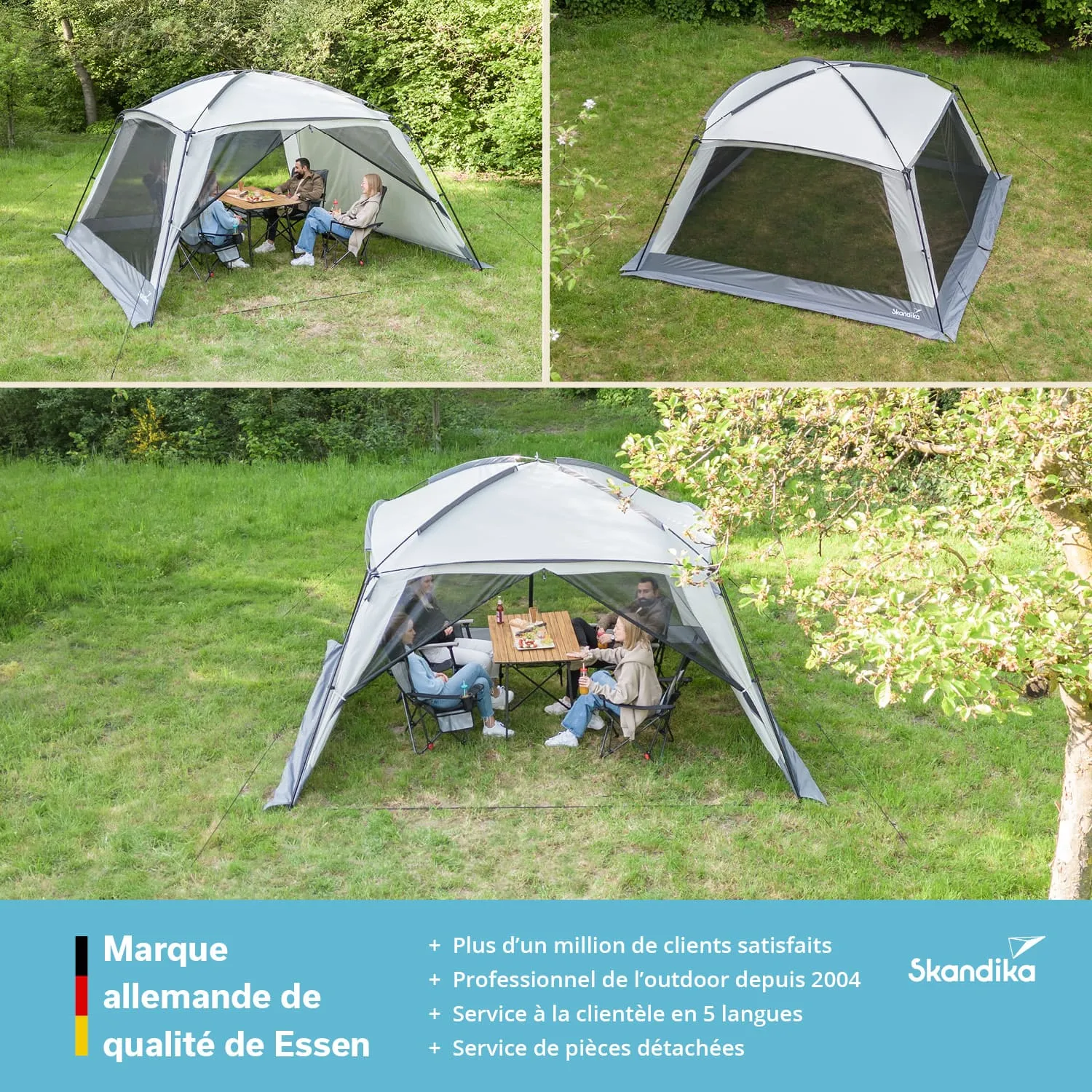Ein großes, graues Pavillon-Zelt steht auf einer Wiese. Darin sind vier Personen an einem Tisch mit Getränken und Snacks. Um das Zelt herum sind Bäume und grünes Gras.