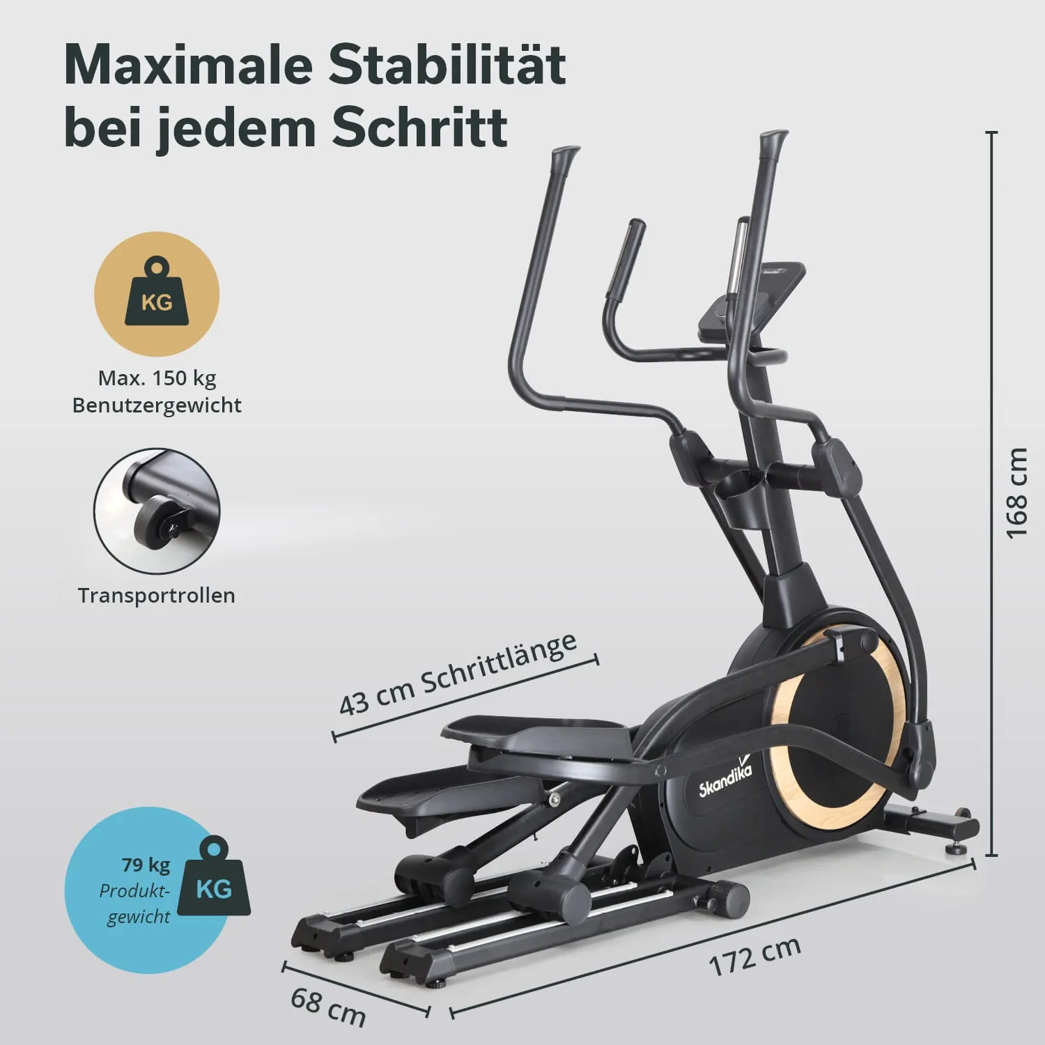 Ellipsentrainer in schwarz mit Holzdetails, Maßangaben und max. 150 kg Benutzergewicht, 43 cm Schrittlänge.