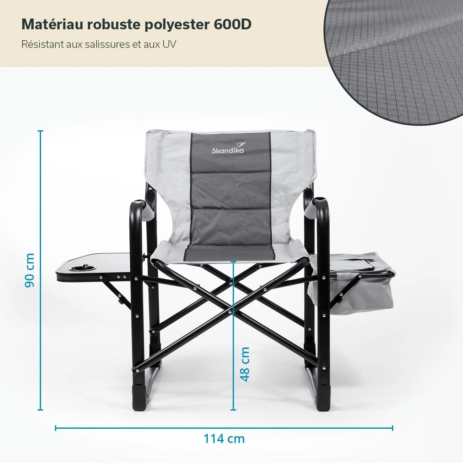 Faltstuhl in Grau mit schwarzen Metallgestell. Maße: 90 cm hoch, 114 cm breit, 48 cm tief. Seitenablage vorhanden.