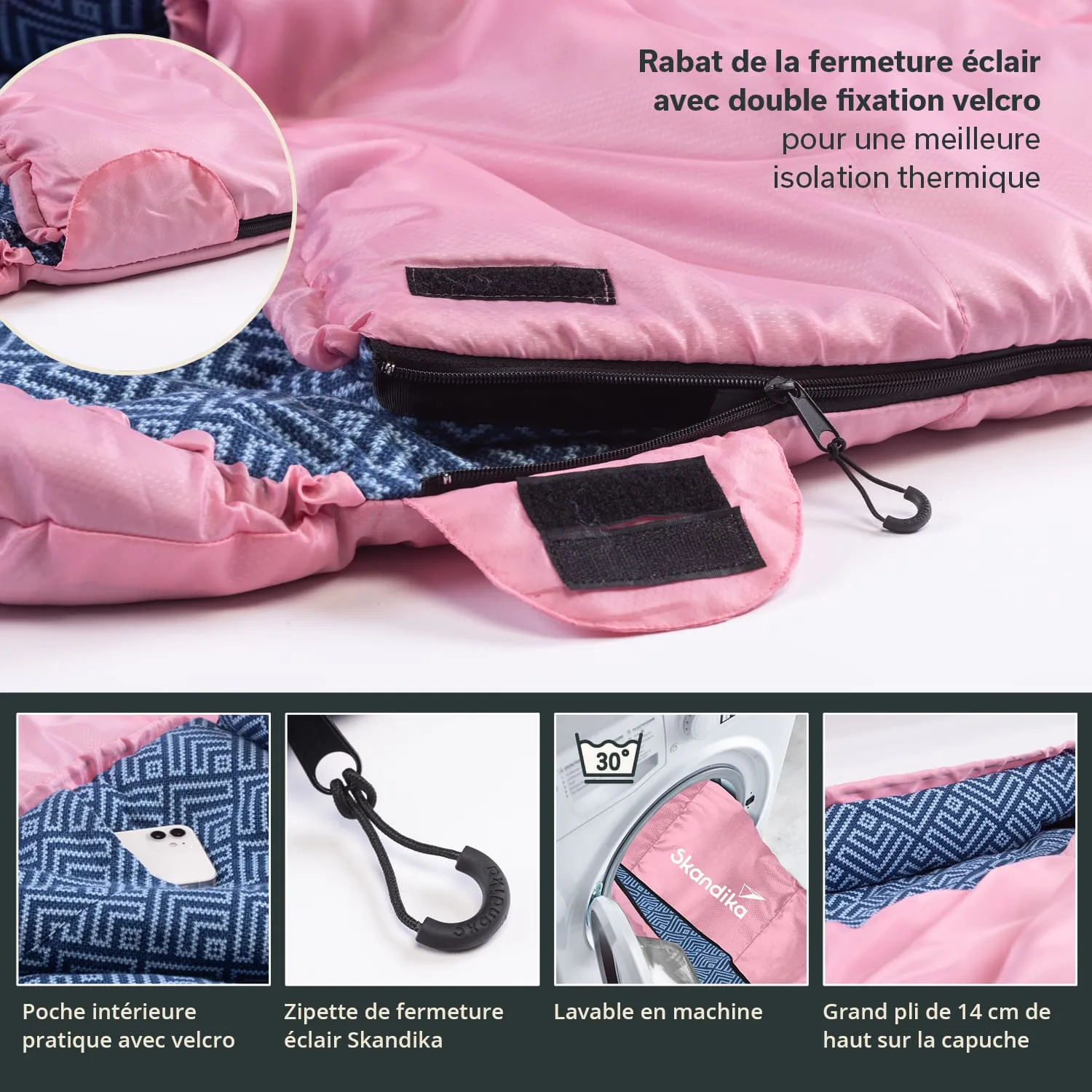 Rosa Daunenschlafsack mit blauem Innenfutter, Reißverschluss und Klettverschluss. Zusätzliche Innen- und Waschhinweise.