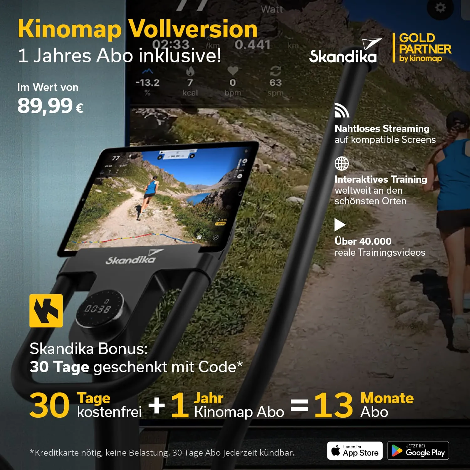 Werbung für Skandika Fitnessgeräte mit einem Tablet, das Trainingsdaten anzeigt. Hinweise zu einem 1-Jahres-Abo für Kinomap.