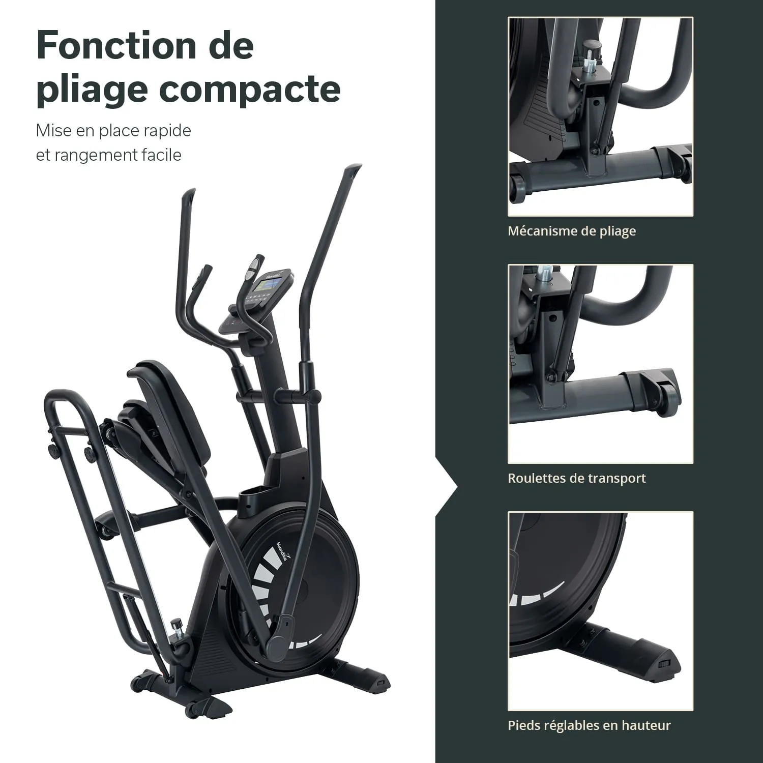 Ellipsentrainer mit Auffangvorrichtung, Display, Klappmechanismus, Transportrollen und höhenverstellbaren Füßen.