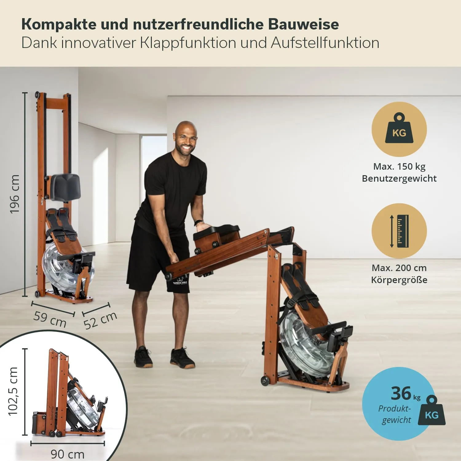 Ein Rudergerät mit Holzrahmen steht in einem hellen Raum. Eine Person hebt einen Teil des Geräts. Technische Details sind sichtbar: maximale Benutzergewicht 150 kg, für Körpergröße bis 200 cm, Produktgewicht 36 kg.