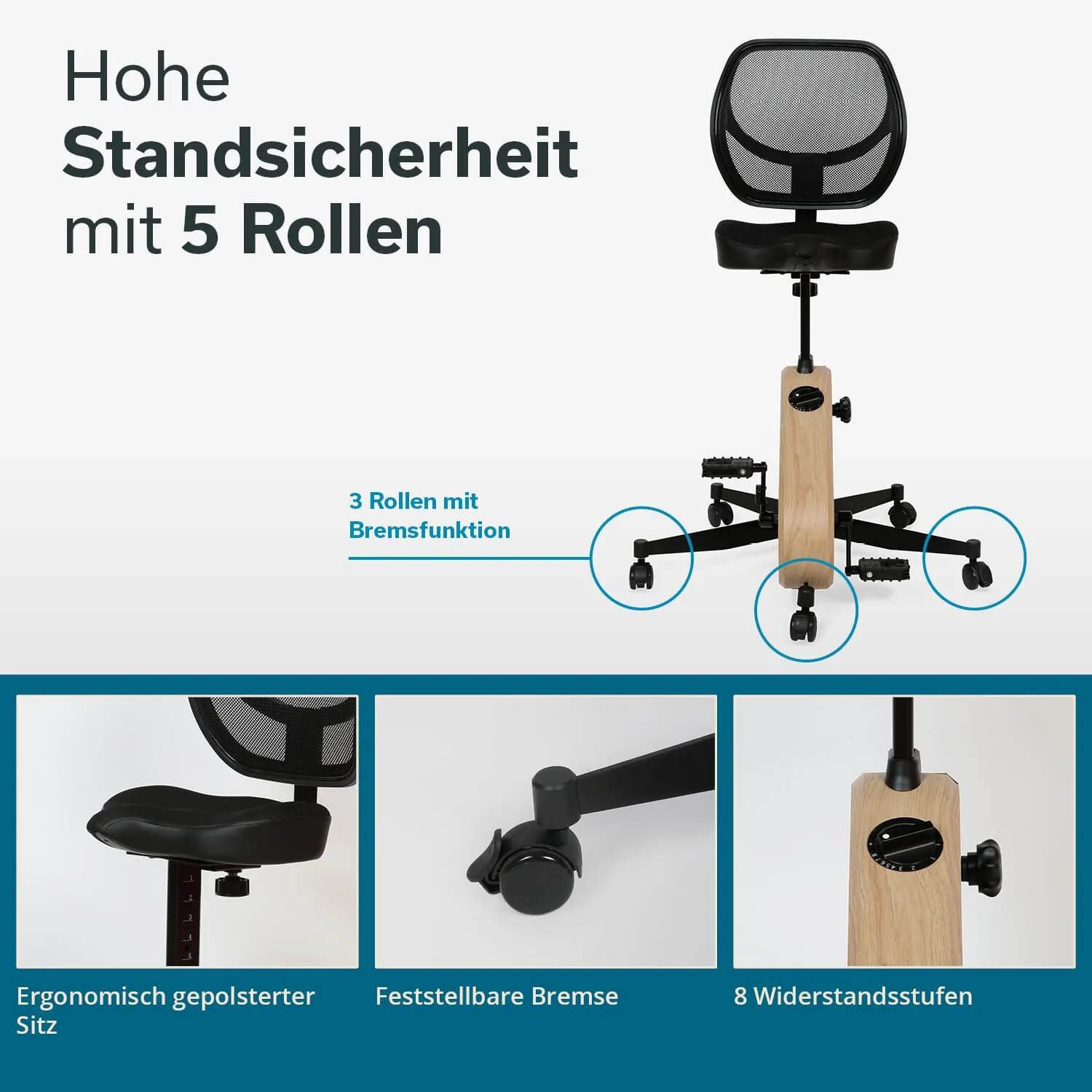 Bürostuhl mit ergonomisch gepolstertem Sitz, Rückenlehne aus Netzmaterial, 5 Rollen, bremsbar, Auslöser für Widerstandsstufen.