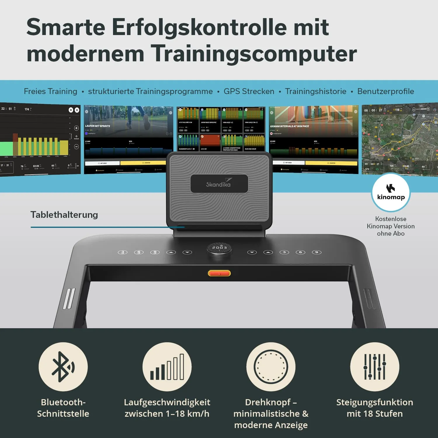 Fitnessgerät mit Tablet-Halterung, Bedienfeld und Display. Funktionen: Bluetooth, Geschwindigkeitsregelung und Steigungsanpassung.