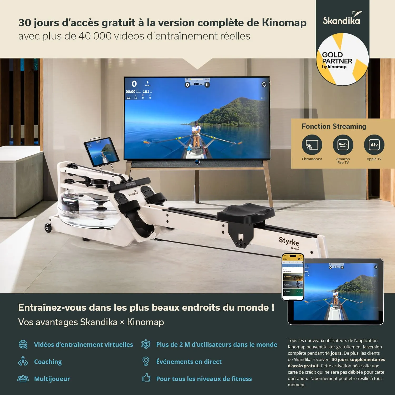 Rudergerät mit Wassertank und Bildschirm im Raum, daneben ein Fernseher mit Live-Trainingsansicht und Informationen.