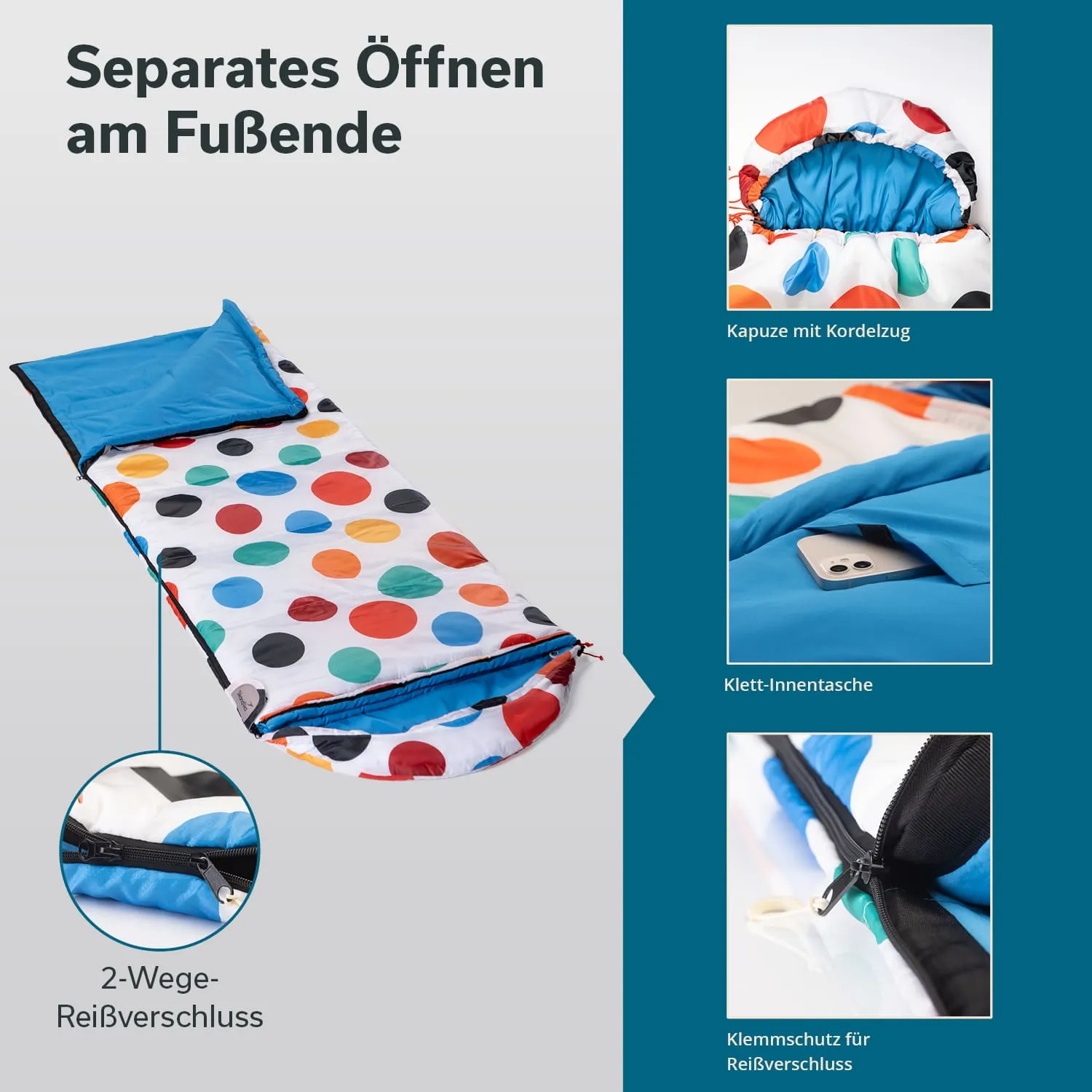 Schlafsack mit bunten Punkten, separat öffnend am Fußende, inklusive Kapuze, Innentasche und 2-Wege-Reißverschluss.