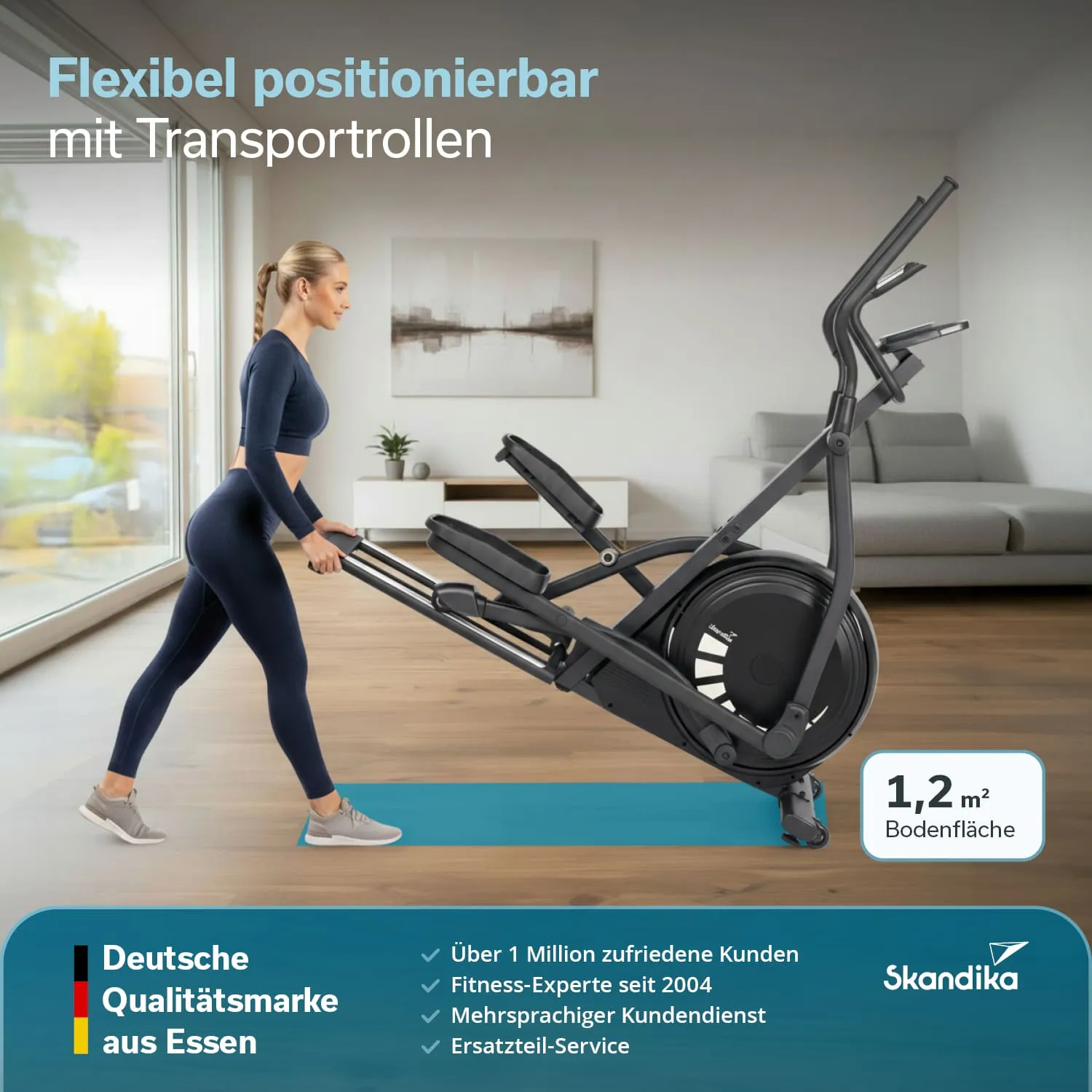 Fitnessgerät in einem modernen Raum, Person zieht das Gerät mit Transportrollen. Sanfte Farben und Möbel im Hintergrund.