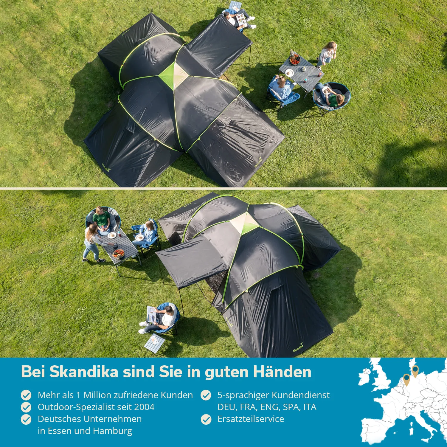 Zelt in schwarz mit grünen Akzenten auf einer grünen Wiese. Personen sitzen in Stühlen und essen. Tische sind sichtbar.