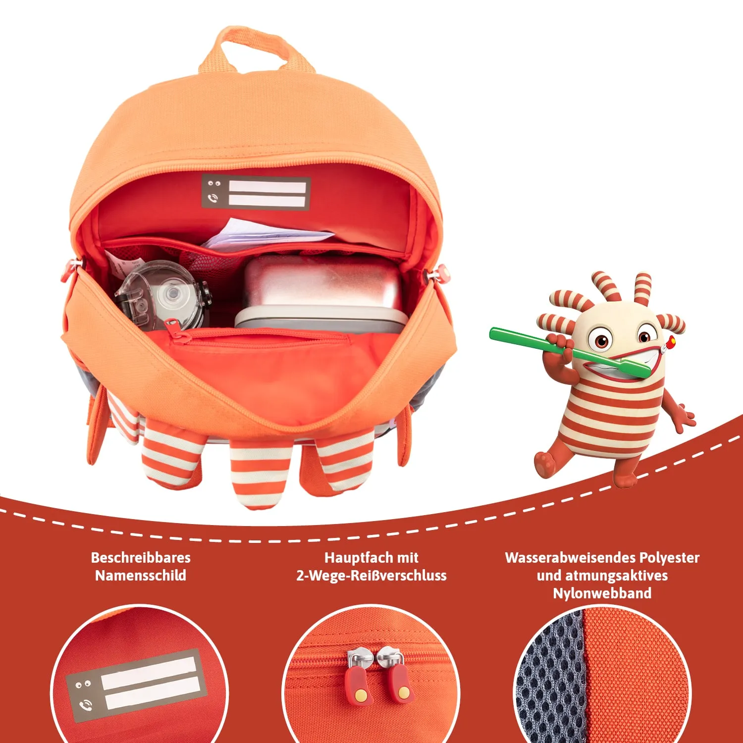 Oranger Rucksack mit gestreiften Details und offenem Hauptfach. Neben dem Rucksack eine animierte Figur mit Zahnbürste.