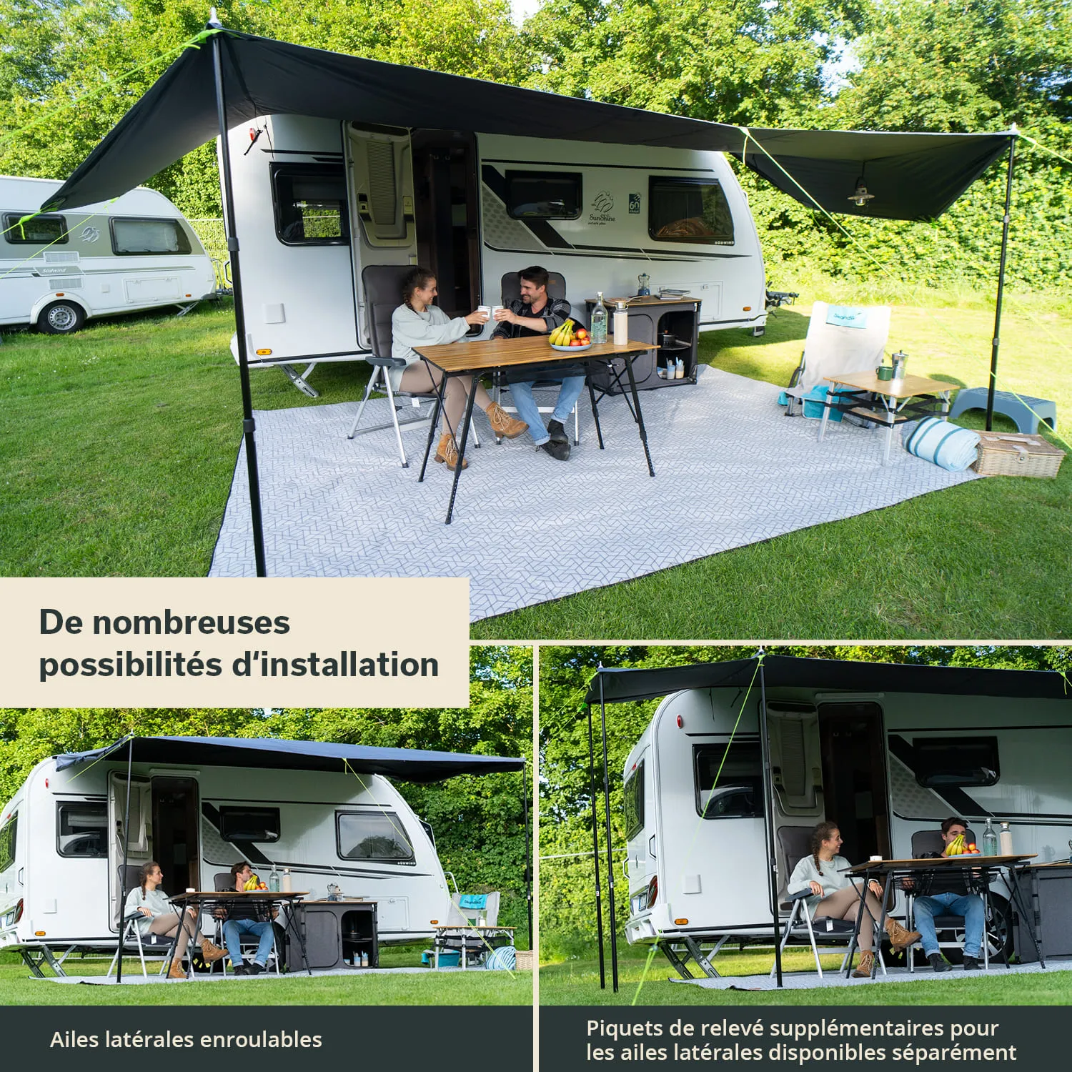 Bild mit einem Wohnwagen und einem Faltzelt im Freien. Zwei Personen sitzen an einem Tisch, umgeben von Zubehör und Möbeln.