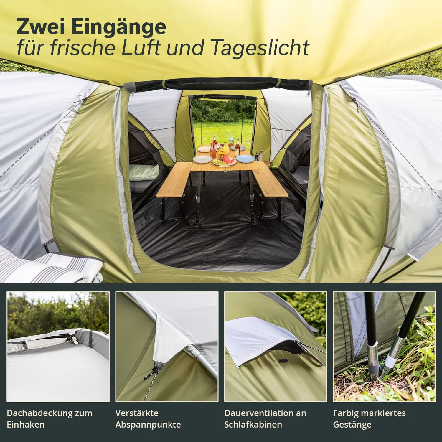 Innensicht eines Zeltes mit einem Tisch und Stühlen, umgeben von zwei Eingängen und den beschriebenen Funktionen.