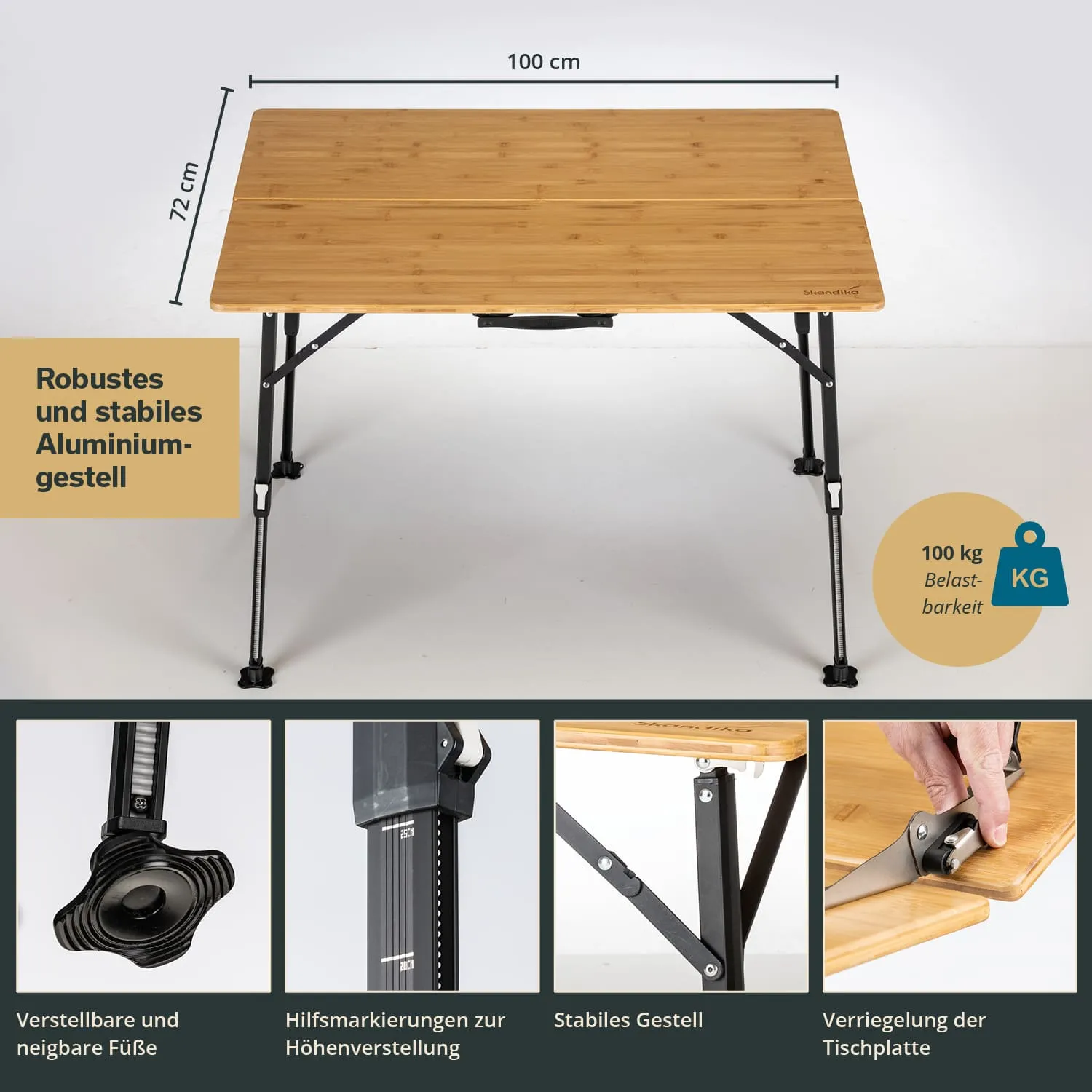 Klappbarer Tisch aus Bambus mit Aluminiumgestell, verstellbaren Füßen und einer Belastbarkeit von 100 kg. Maße: 100 cm x 72 cm.