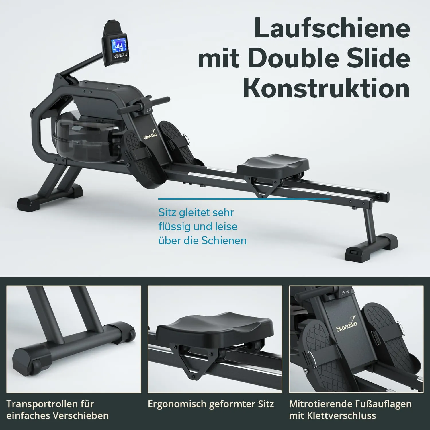 Rudergerät mit Wassertank und Display. Ergonomischer Sitz, Fußauflagen mit Klettverschluss, Transportrollen für einfache Bewegung.