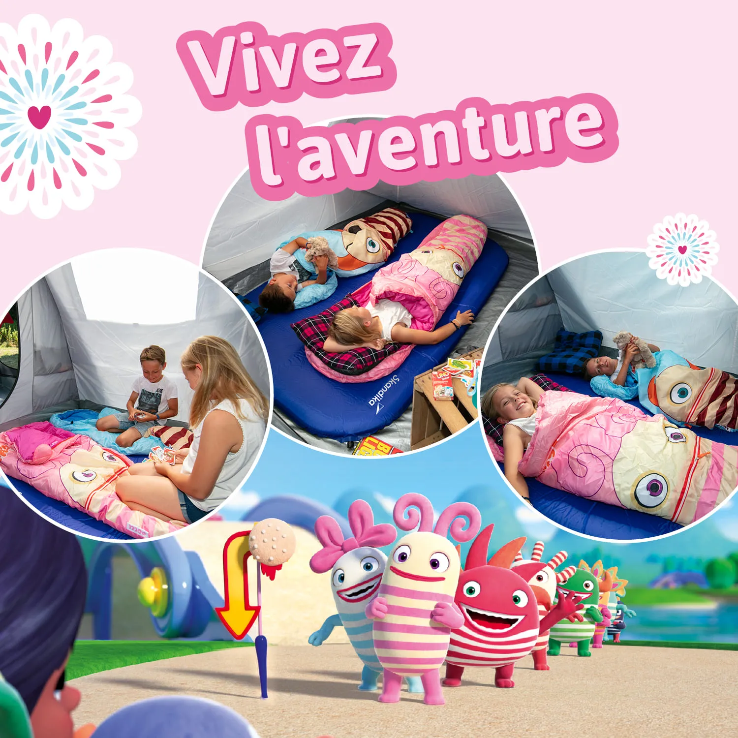 Zelt mit Kindern in bunten Schlafsäcken. Oben verspielte Charaktere. Text: „Vivez l'aventure“.