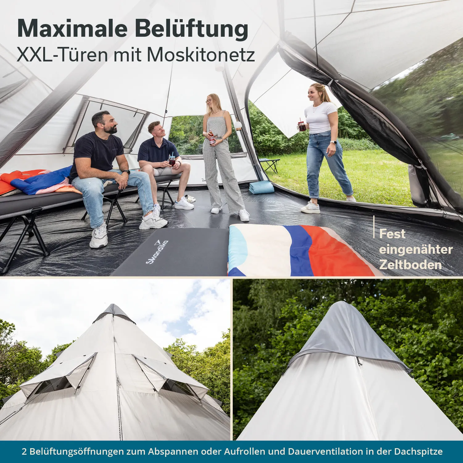 Zelt mit offenen XXL-Türen und Moskitonetz. Vier Personen sitzen und stehen im Zelt. Eingerichtete Schlafbereiche sichtbar.