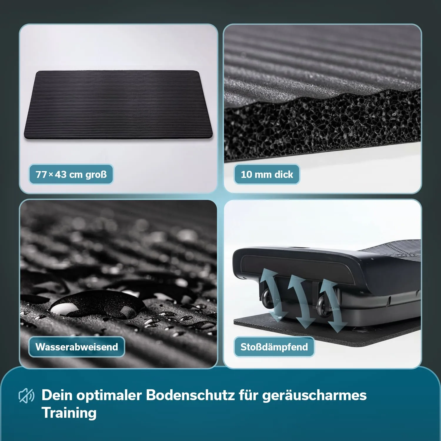 Schwarze Trainingsmatte mit Wellenmuster, 77 x 43 cm, 10 mm dick, wasserabweisend und stoßdämpfend.