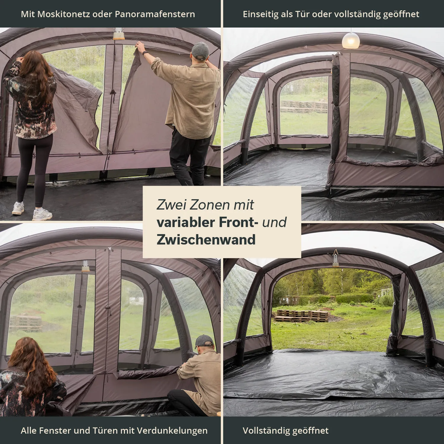 In einer Collage sind verschiedene Ansichten eines Zeltes gezeigt. Das Zelt hat abgedunkelte Fenster und Türen sowie eine variable Front- und Zwischenwand. Eine Person öffnet eine Tür, während eine andere Person am Boden sitzt.