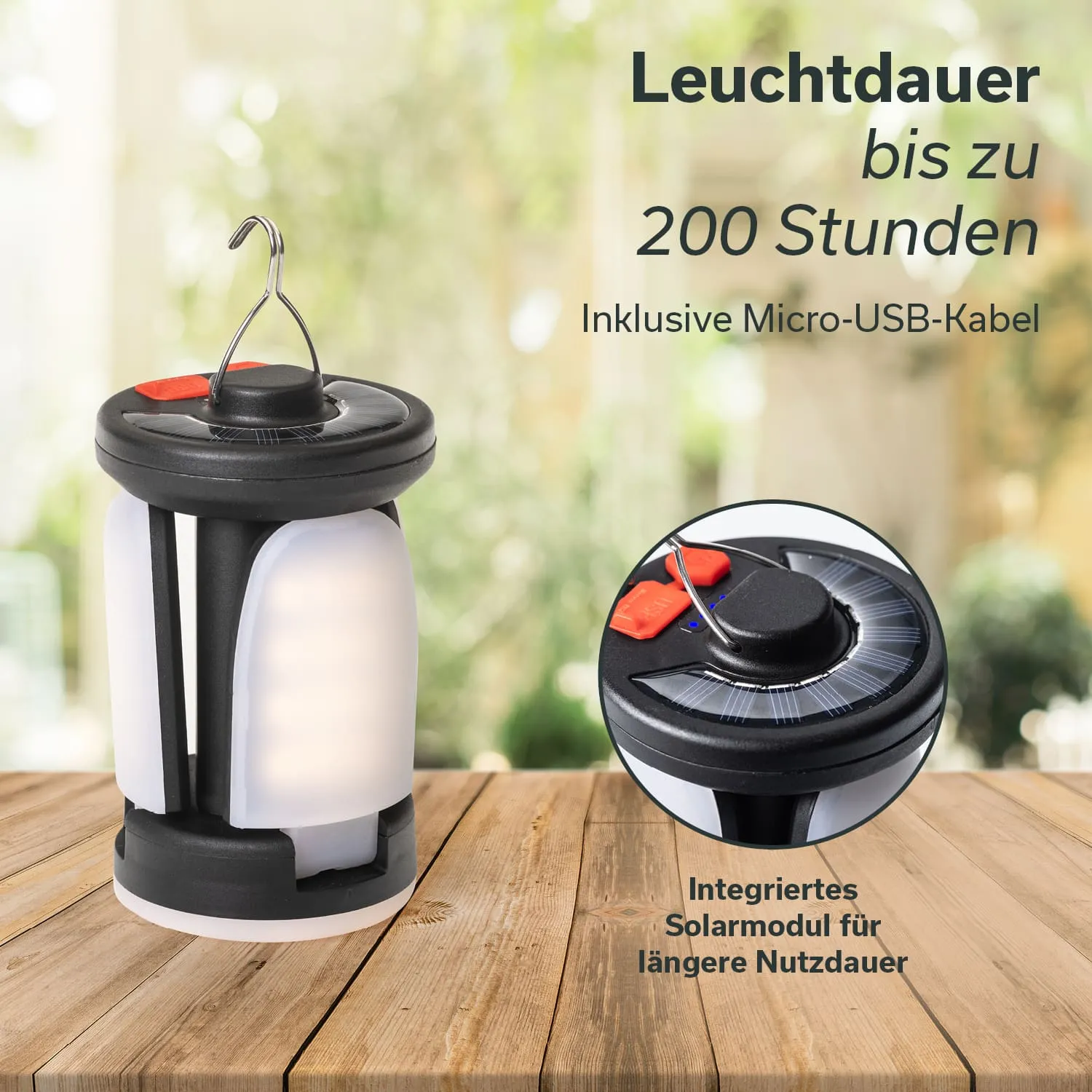 Eine schwarze und weiße Laterne steht auf einem Holztisch. Der obere Teil hat einen Haken. Darunter sind LED-Lichter sichtbar.