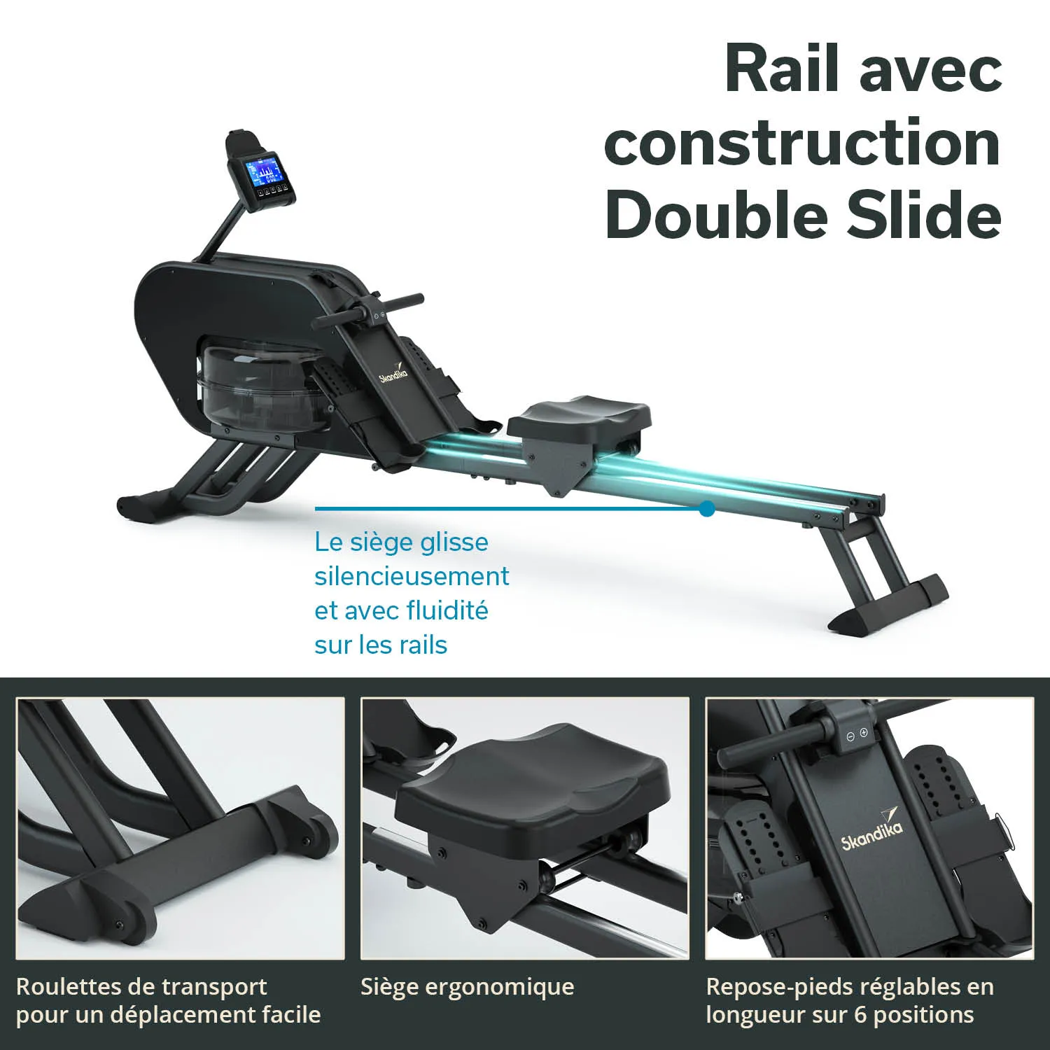 Rudergerät mit schwarzem Rahmen, blauen Gleitschienen und ergonomischem Sitz. Anzeige im oberen Teil, Transportrollen und verstellbare Fußstützen.