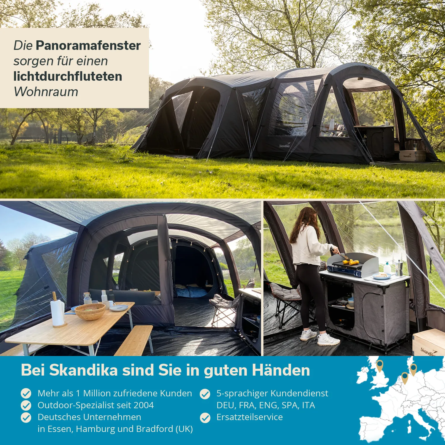 Zelt mit Panorama-Fenstern auf einer Wiese, daneben eine Person, die am Kochtisch etwas zubereitet. Im Hintergrund Bäume.