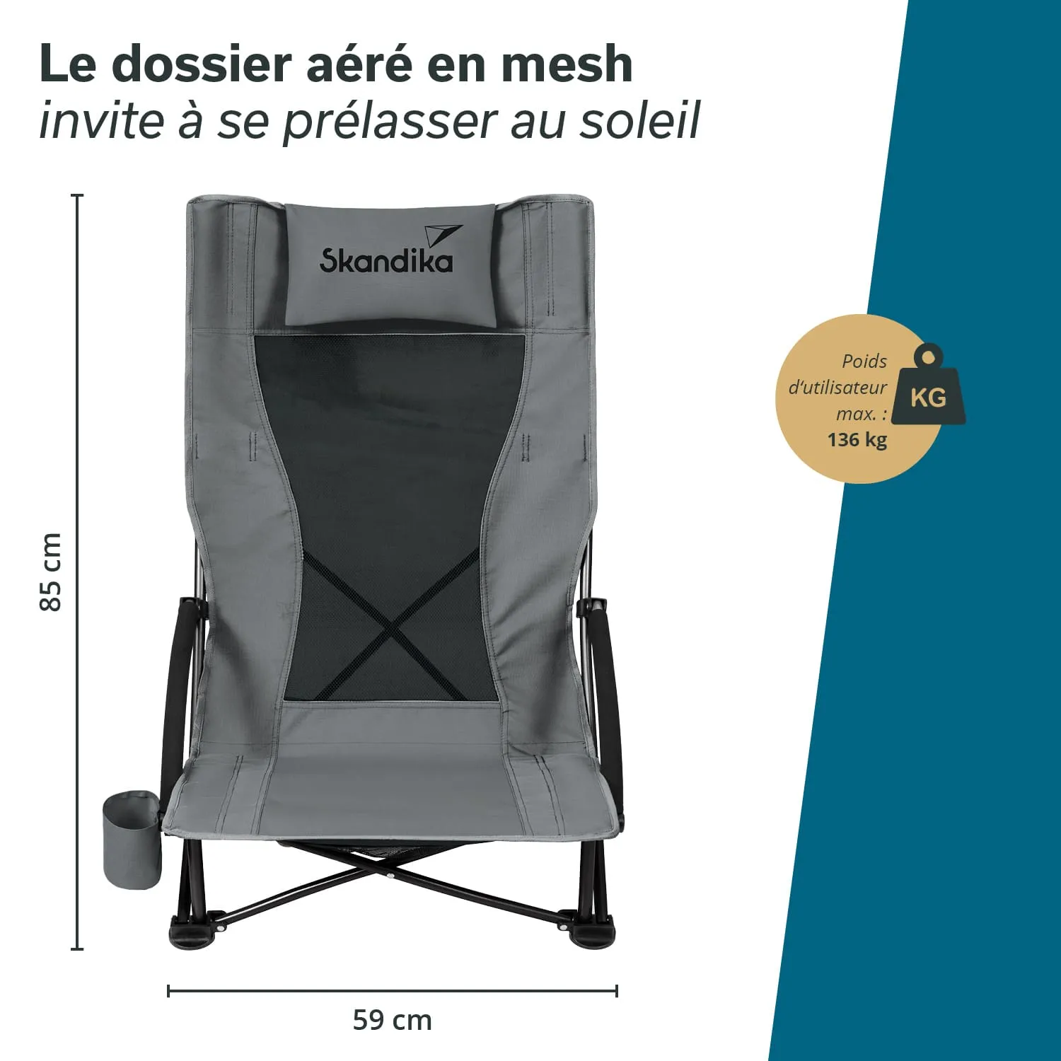Grauer Klappstuhl mit Mesh-Rückenlehne, Maße 85 cm (Höhe) und 59 cm (Breite). Maximale Tragkraft 136 kg. Getränkehalter sichtbar.