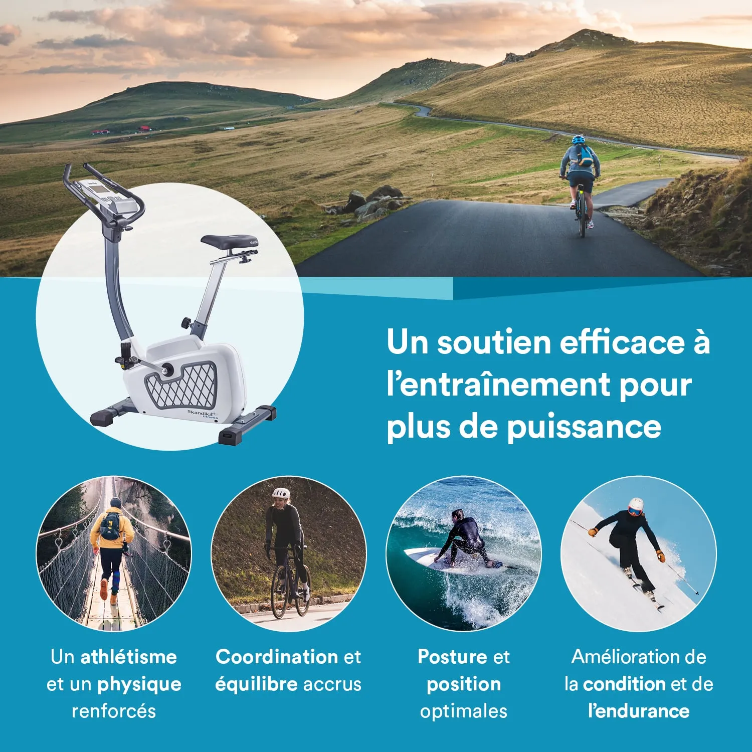 Ein Ergometer steht auf einem hellblauen Hintergrund. Darstellung von Outdoor-Aktivitäten wie Radfahren, Surfen und Wandern.