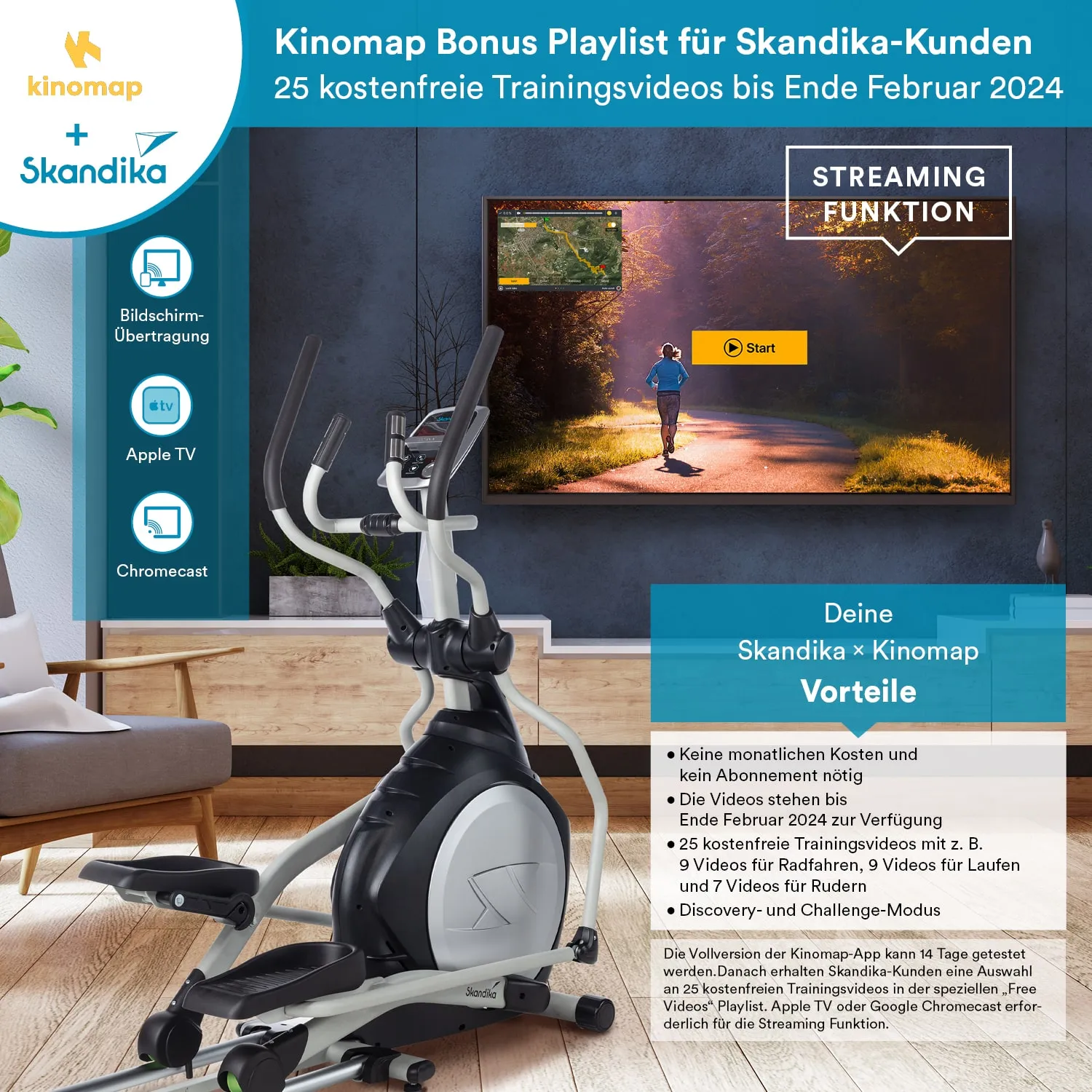 Ellipsentrainer im Vordergrund, Fernseher im Hintergrund zeigt Kinomaps Trainingsvideo. Informationen zur Skandika x Kinomap Kooperation.