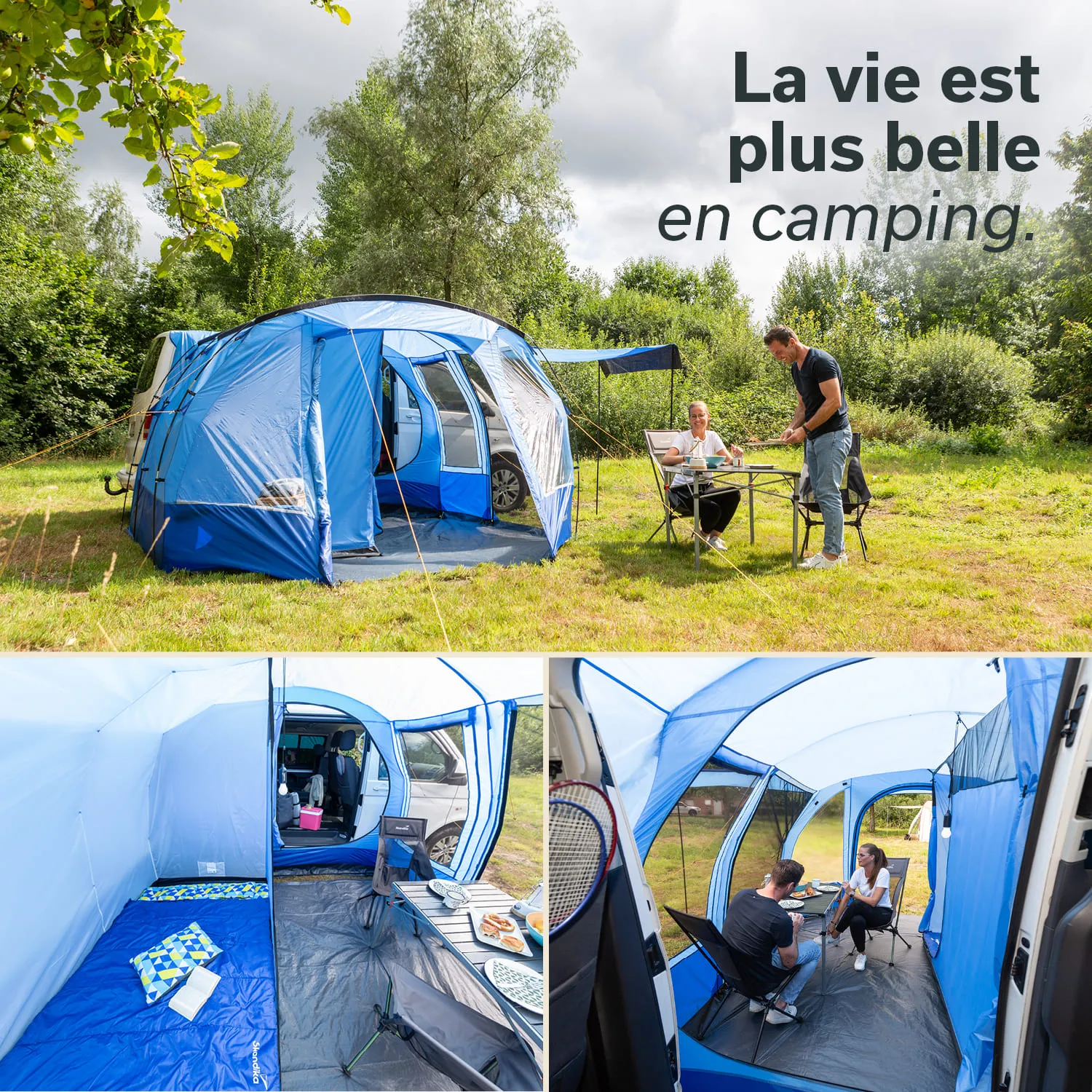 Ein blaues Zelt steht auf einer Wiese, umgeben von Bäumen. Zwei Personen sitzen an einem Tisch und genießen Essen. Innenansicht des Zeltes zeigt eine Fläche mit Matten und Campingstühlen.