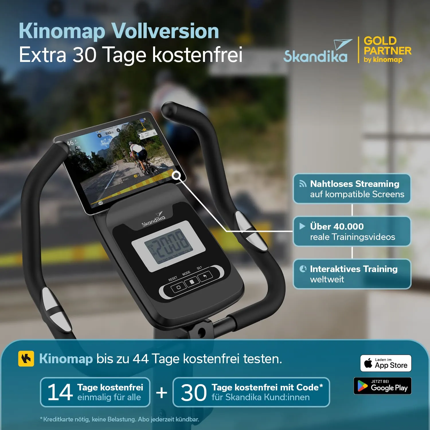 Ein Sportgerät mit einem Monitor, auf dem eine Radfahr-Trainingssession zu sehen ist. Informationen zu kostenfreien Testzeiträumen und Funktionen sind angezeigt.