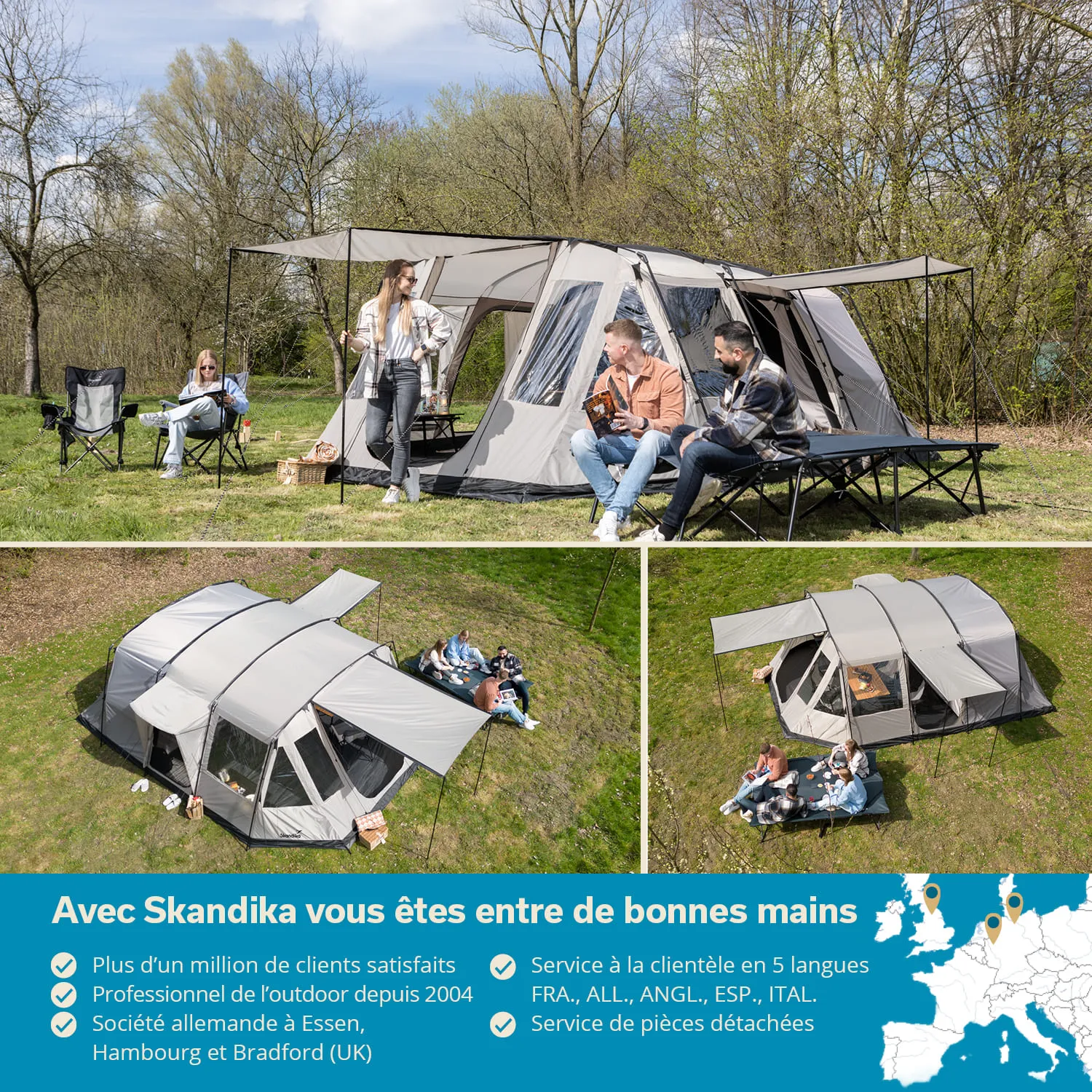 Zelt in der Natur, umgeben von Bäumen. Drei Personen sitzen am Zelt, eine Person steht. Weitere Detailansicht eines zweiten Zeltes.