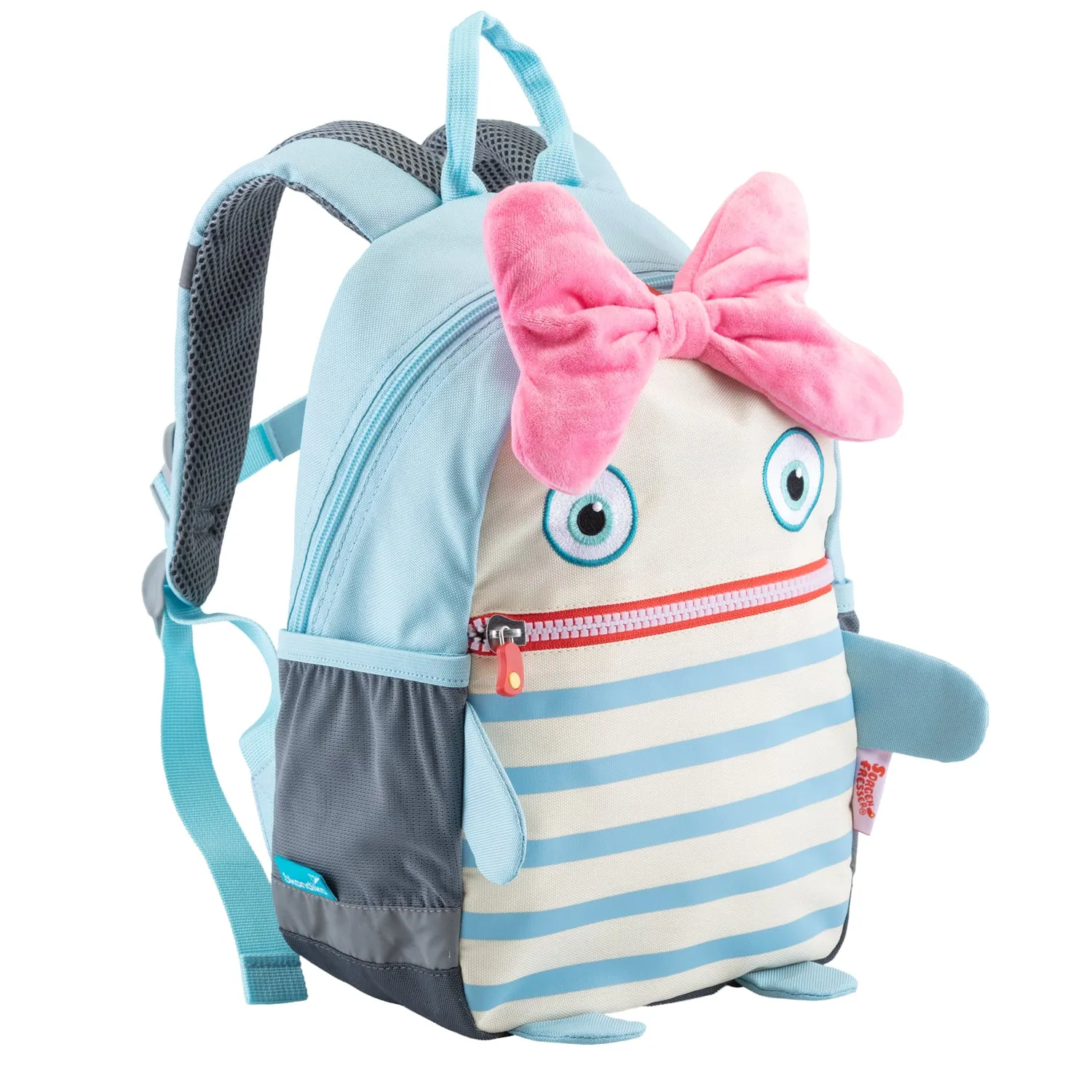 Bunt gestalteter Rucksack in Form eines Wesens mit großen Augen und einer rosa Schleife, gestreifter Vorderseite und seitlichen Taschen.