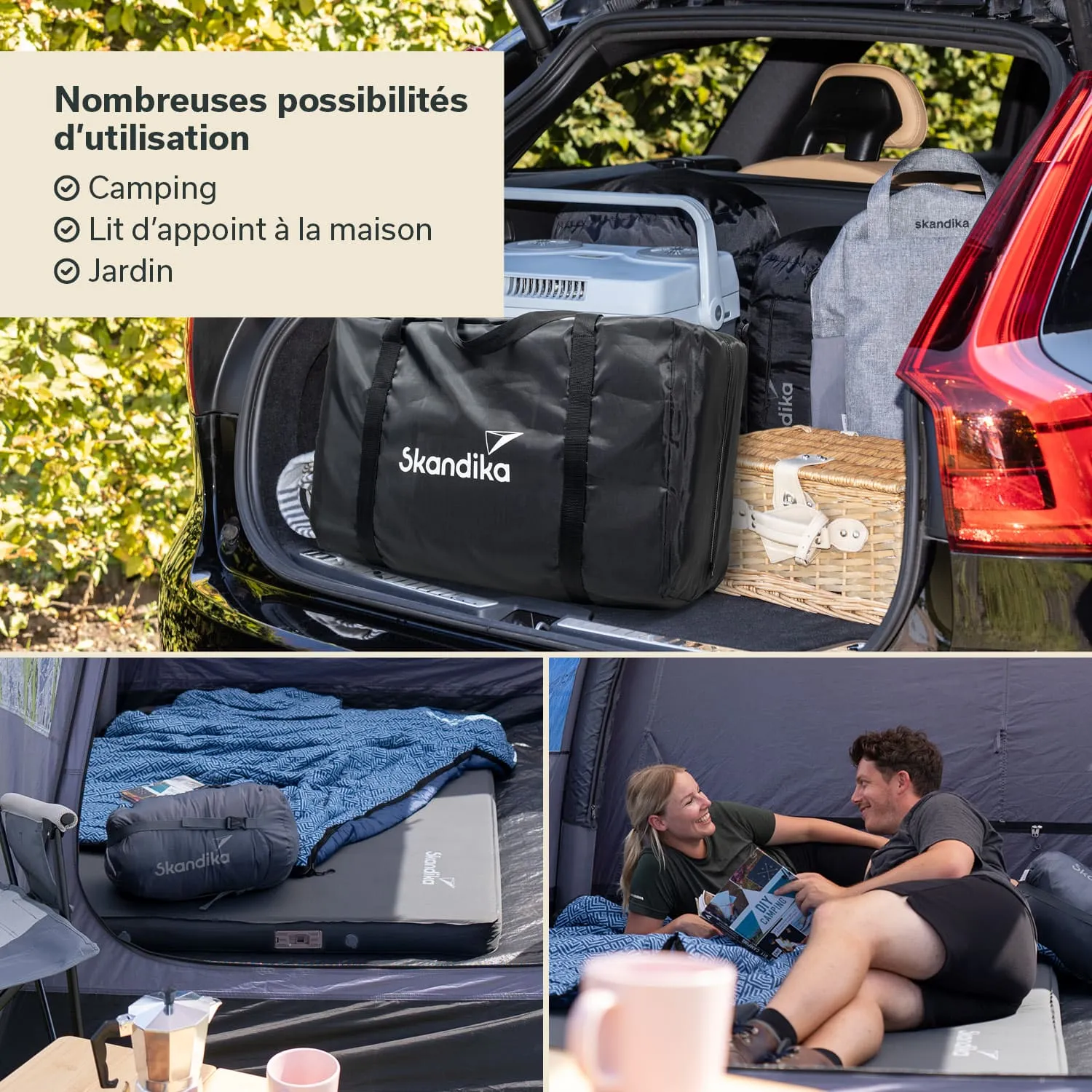 Kofferraum eines Autos mit Taschen, Kühler und einem Korb. Unten eine Matratze mit Decke im Zelt, zwei Personen sitzen darin.